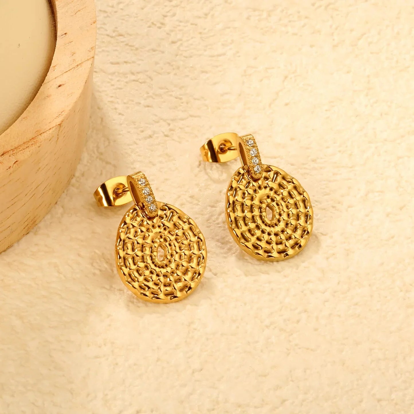 Wholesale Stainless Steel Hammered Disk Earrings | Gold PVD Bulk