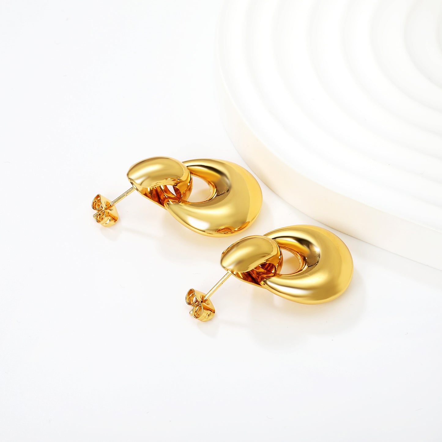 Wholesale Waterproof PVD Gold Double Ring Geometric Stud Earrings