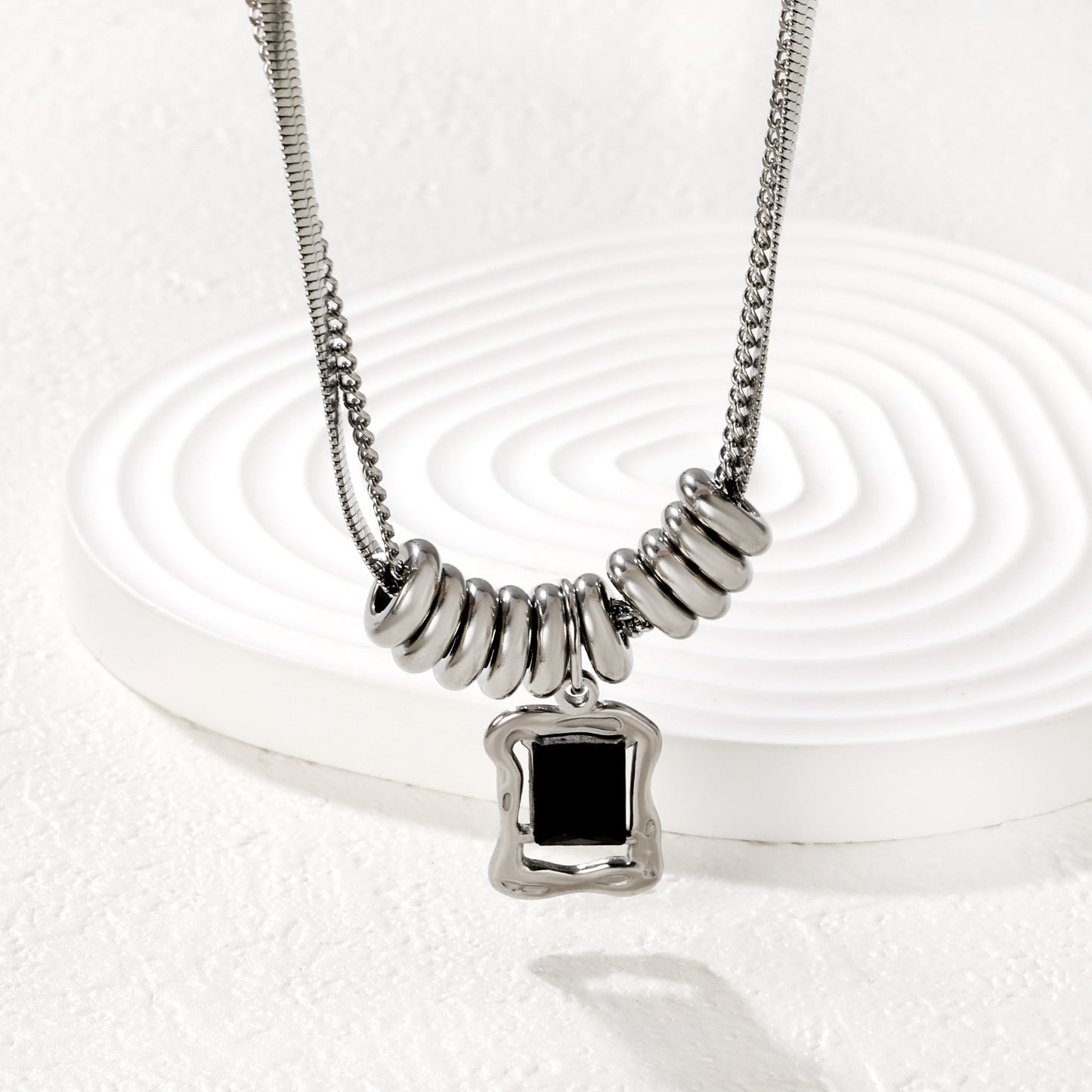 Bulk Silver Sculpted Spiral Ring & Irregular Black Onyx Necklace