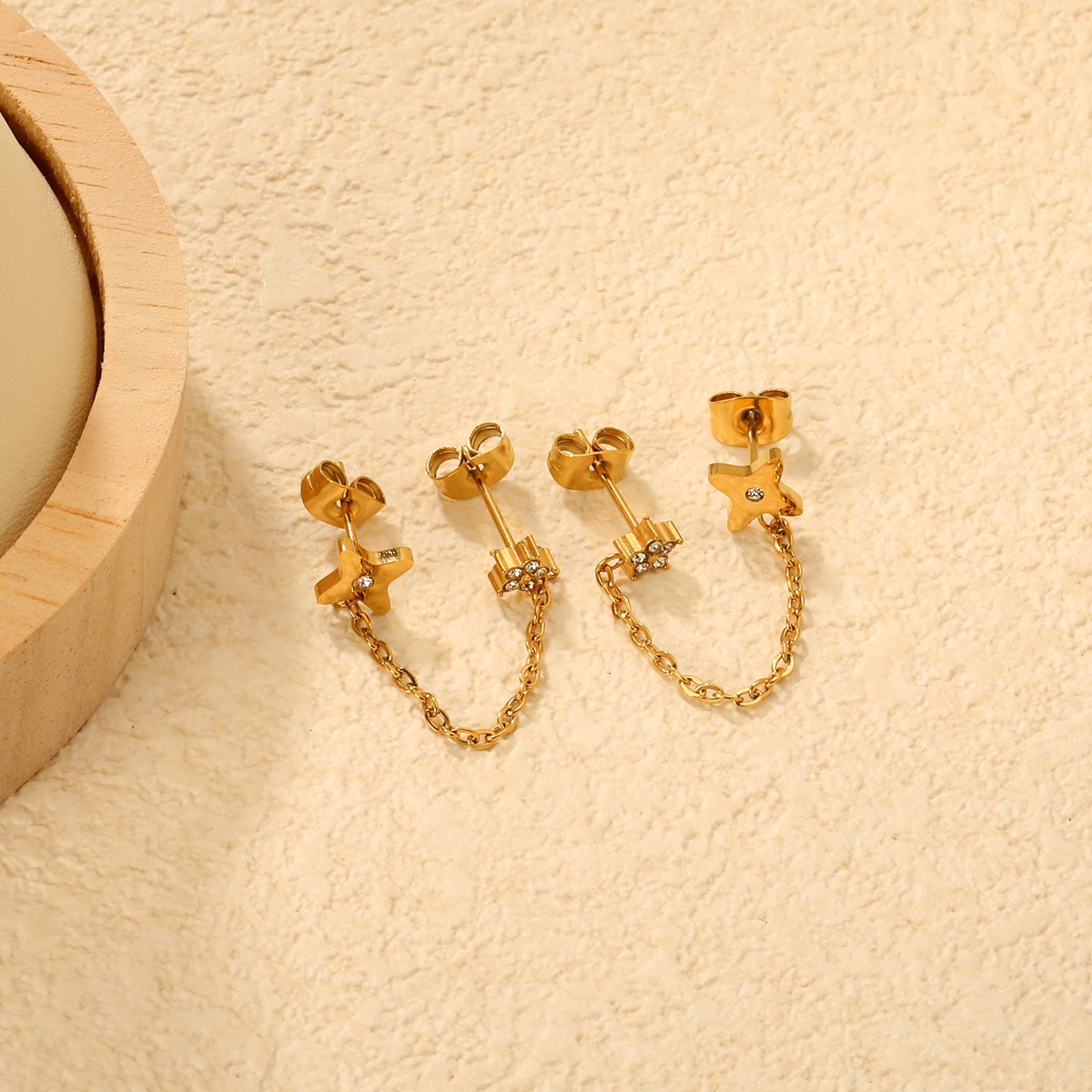 Bulk PVD Gold Pave CZ Star Long Chain Dangle Earrings Waterproof