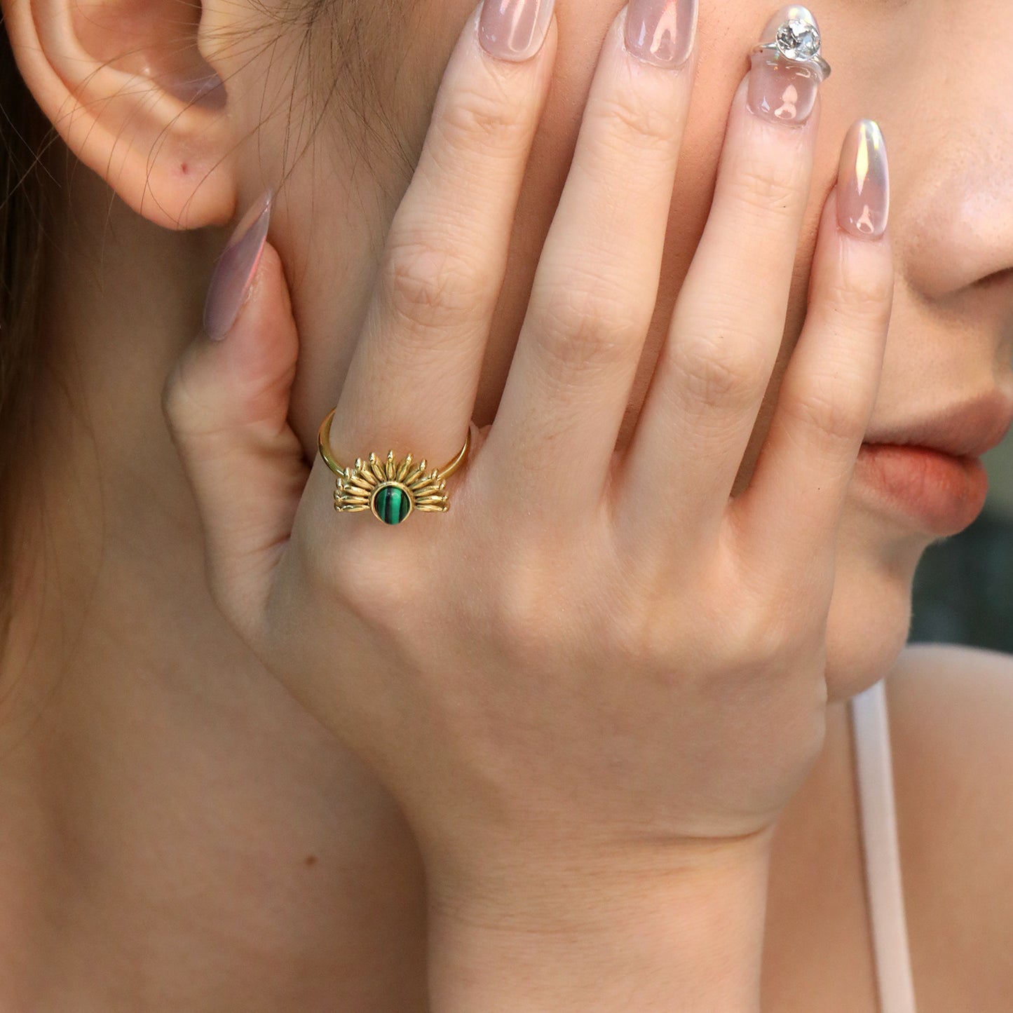 Wholesale Waterproof PVD Gold Malachite Sunflower Open Ring