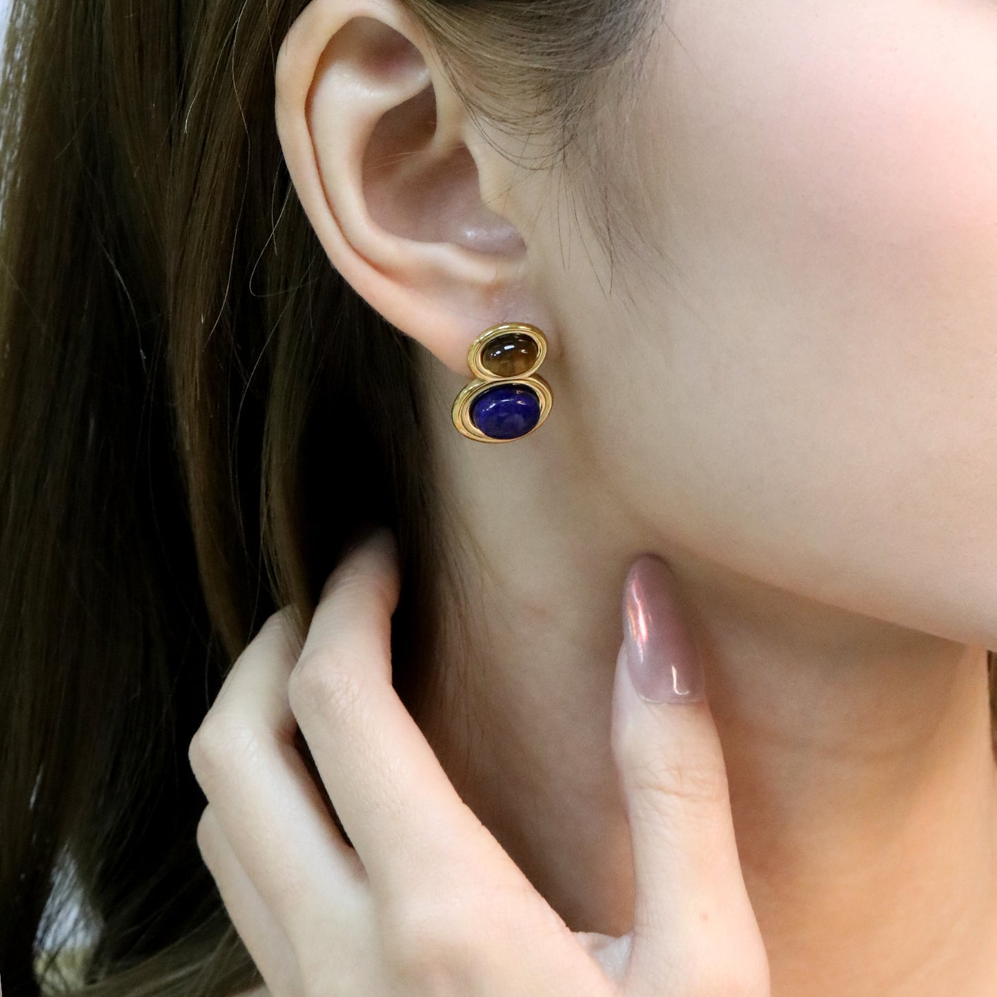 Wholesale Waterproof Tiger Eye & Lapis Lazuli Sculpted Geometric Earrings