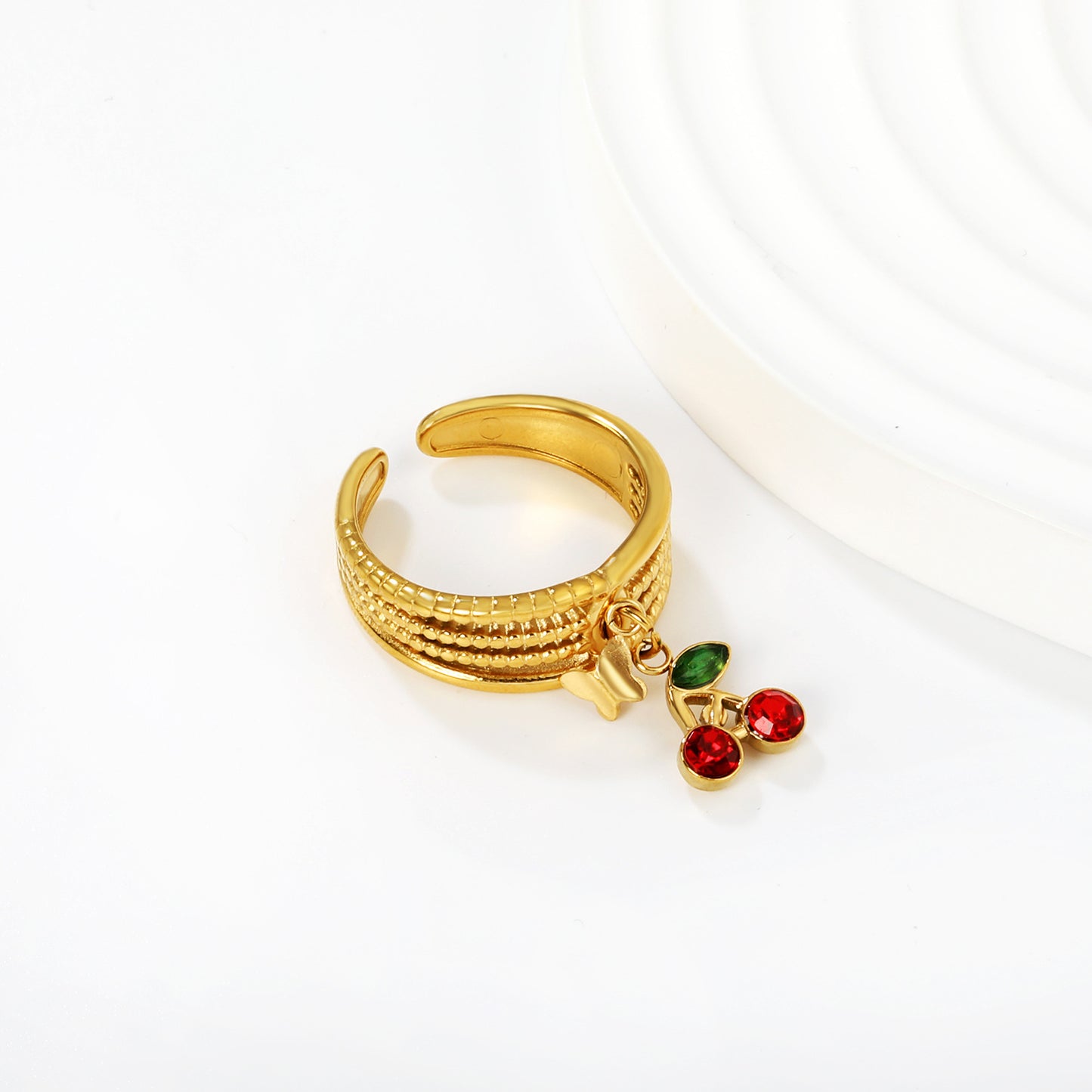 Wholesale Waterproof PVD Gold Bold Cherry Charm Statement Ring