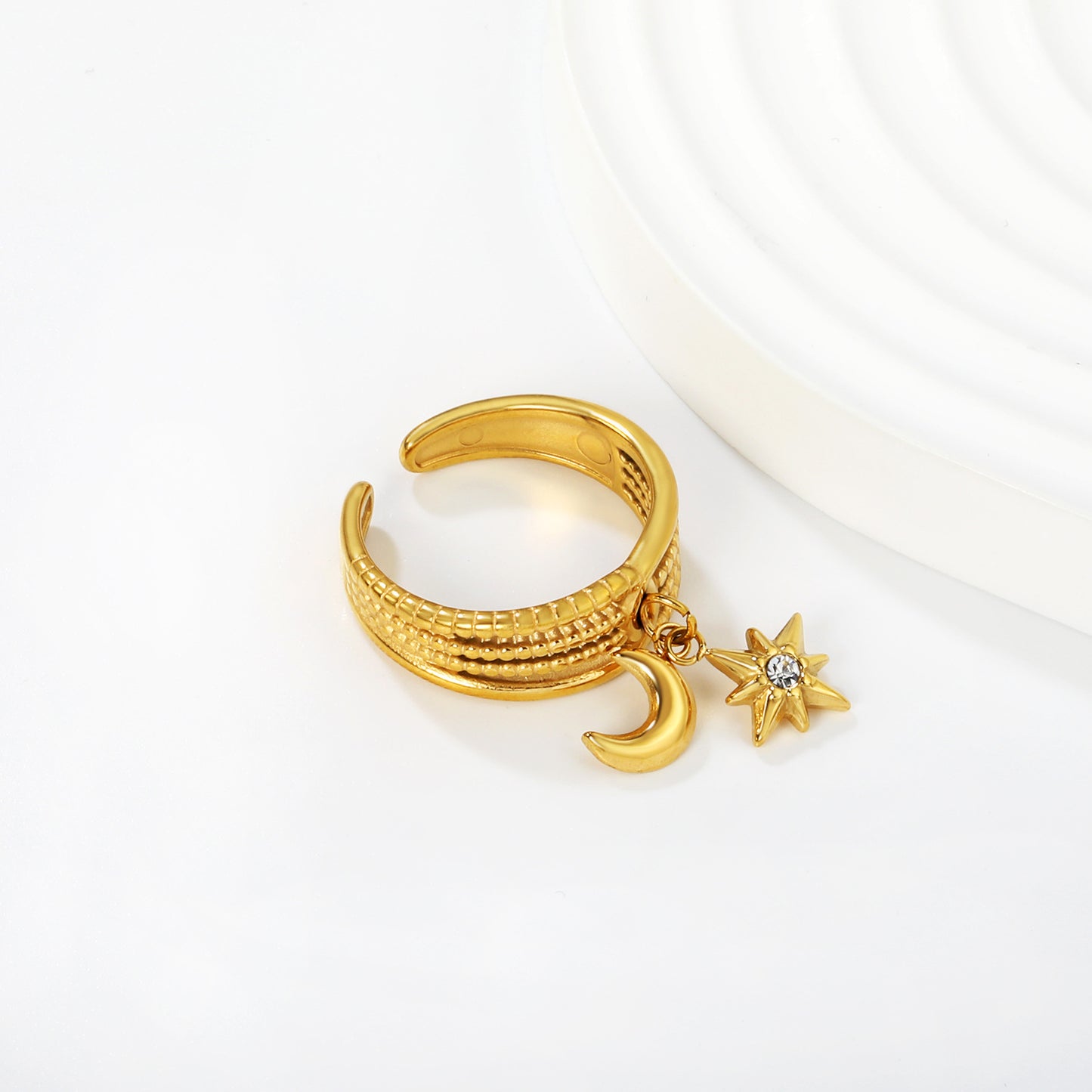Bulk PVD Gold Bold Celestial Moon & Star CZ Statement Ring