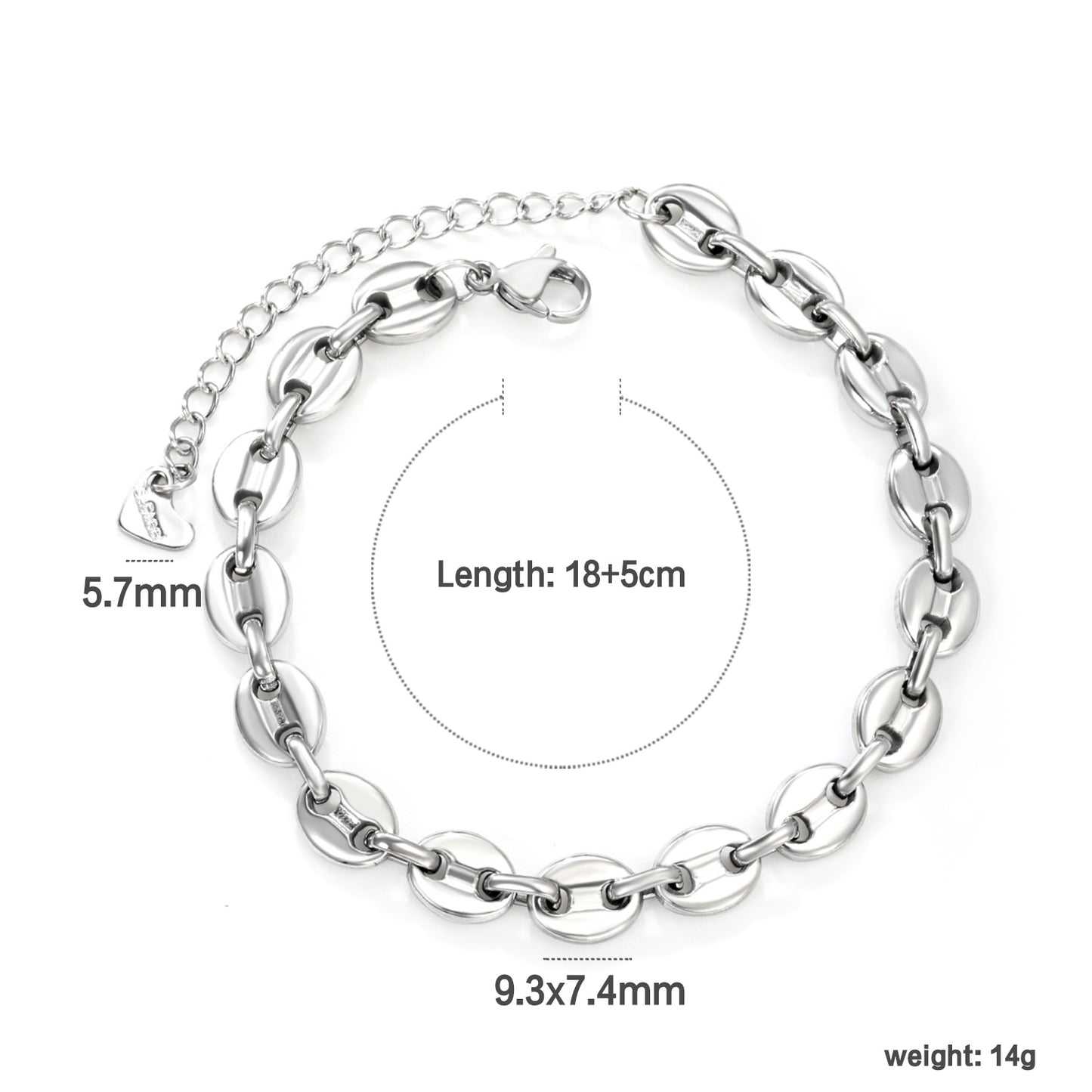 Bulk Stainless Steel Modern Linked Pig Nose Heart Tag Bracelet