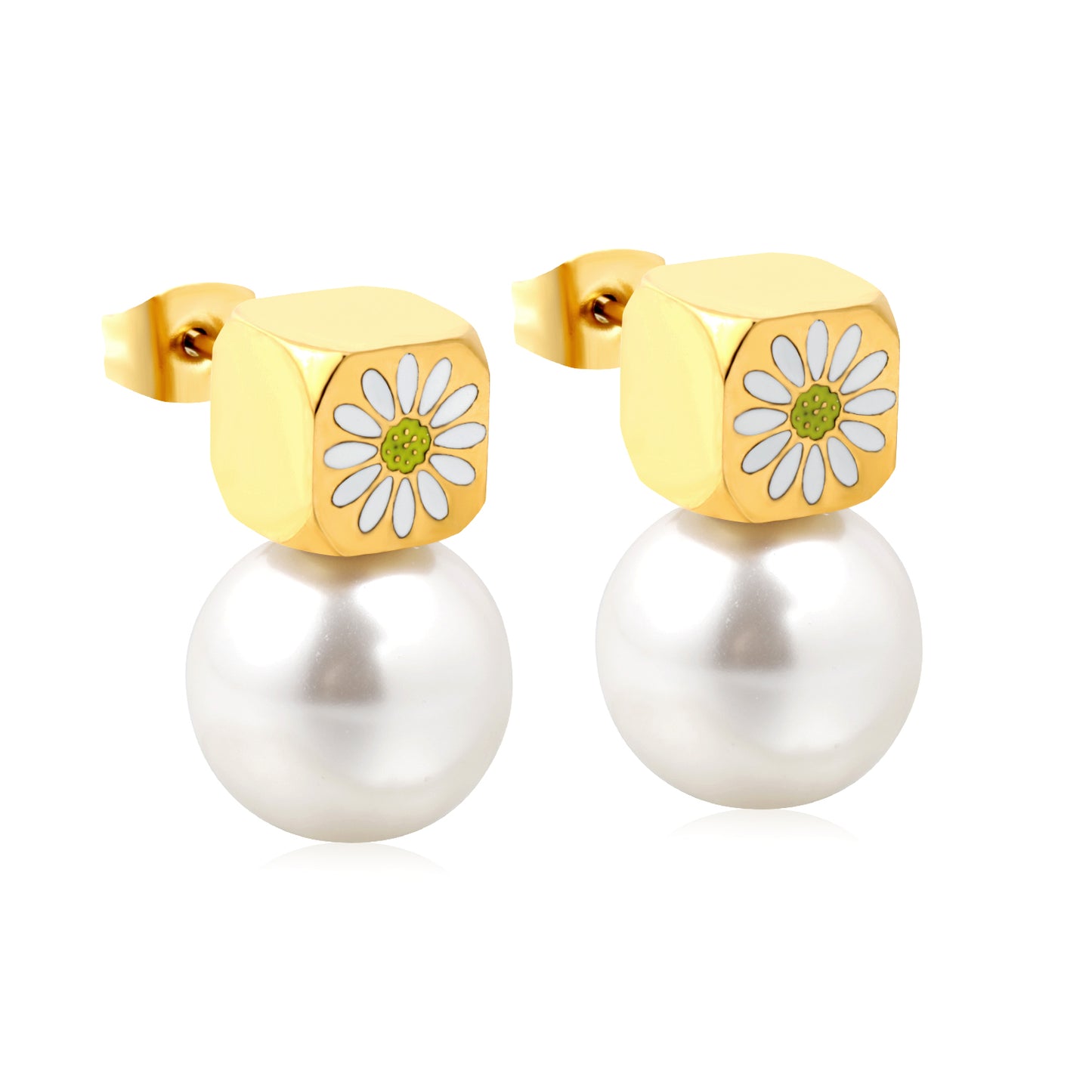 Wholesale Stainless Steel Square with White Drip Oil Daisy + Pearl Earrings Fresh Design