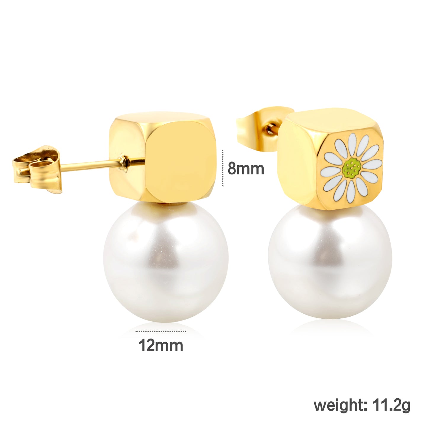 Wholesale Stainless Steel Square with White Drip Oil Daisy + Pearl Earrings Fresh Design