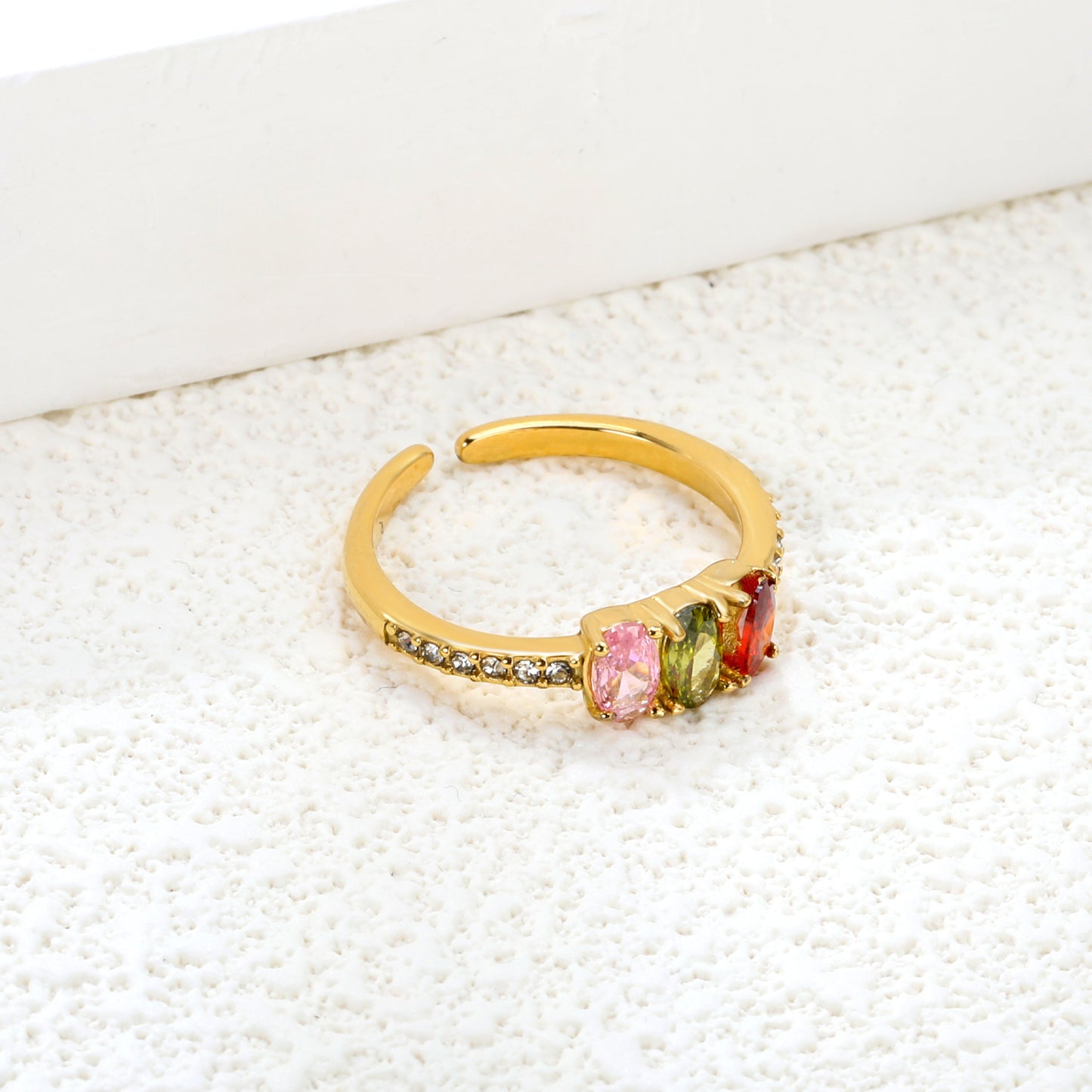 Wholesale Color Gemstone Inlaid Open 18K Gold Stainless Steel Ring