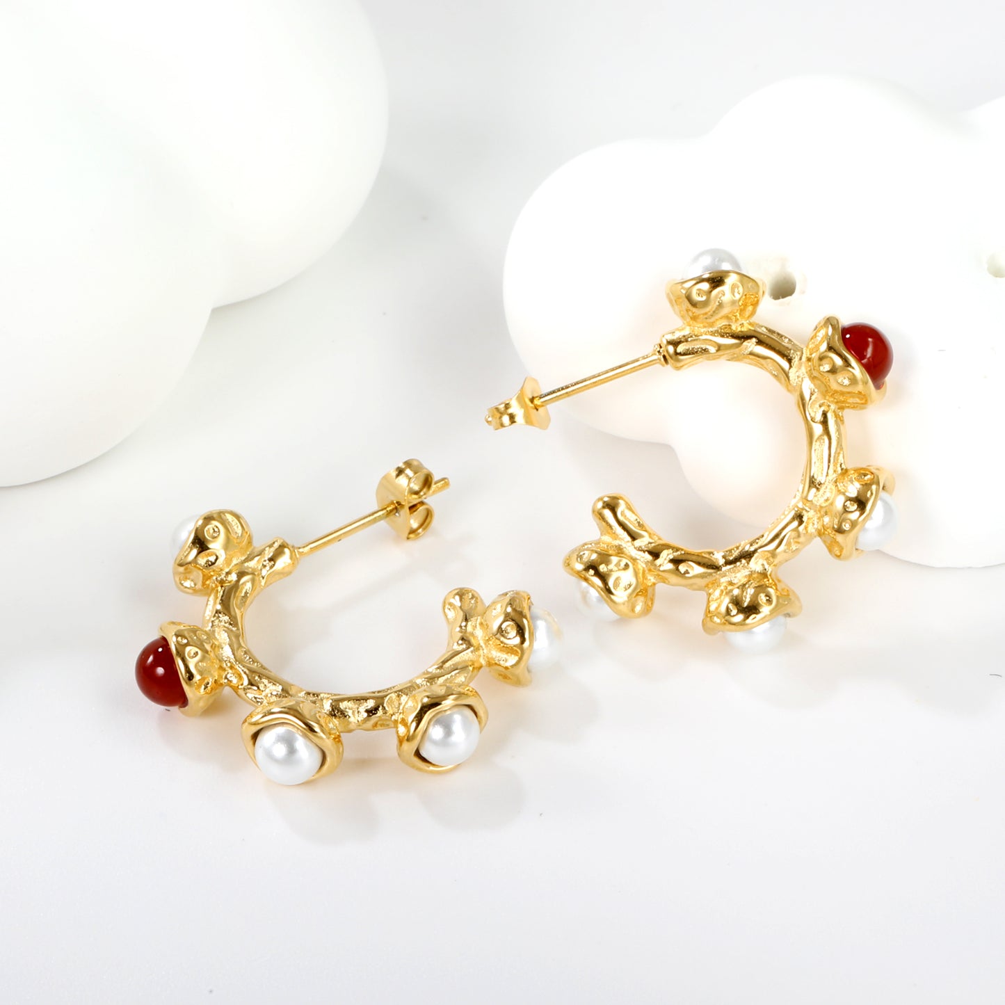 Wholesale Gold Hoop Earrings with Pearl and Red Gem Accents for Jewelry Suppliers
