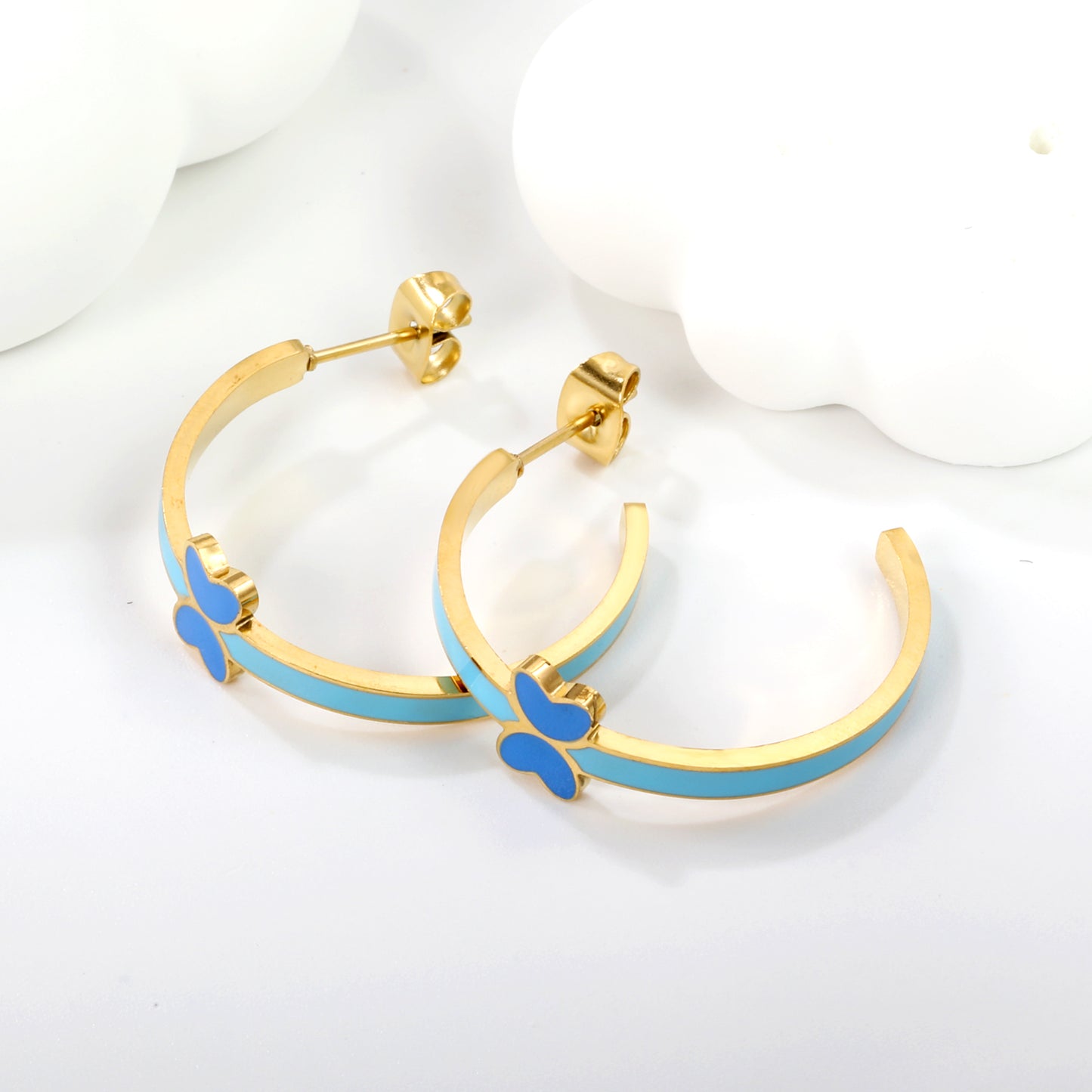 Wholesale Stainless Steel C-Shape Butterfly Earrings with Blue Drip Oil