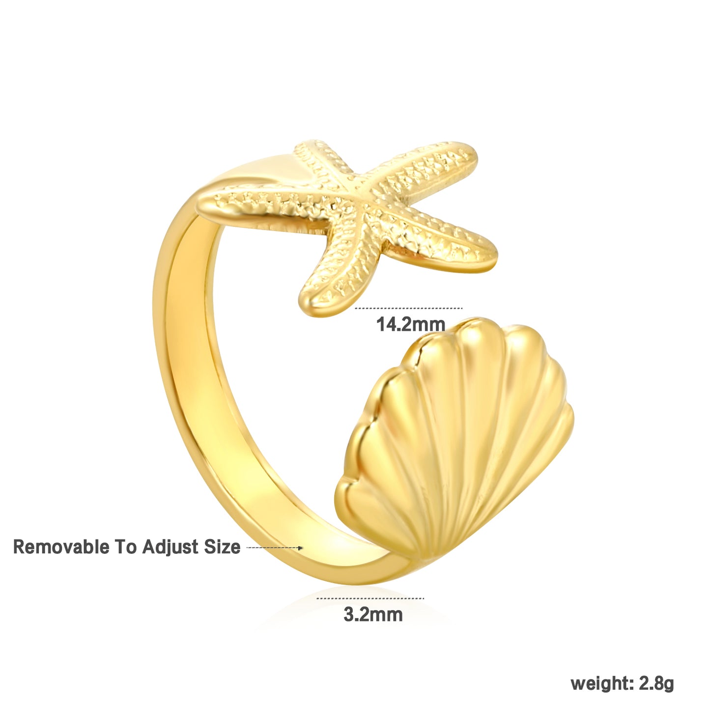 Bulk 18K Gold Plated Marine Starfish & Shell Open Ring