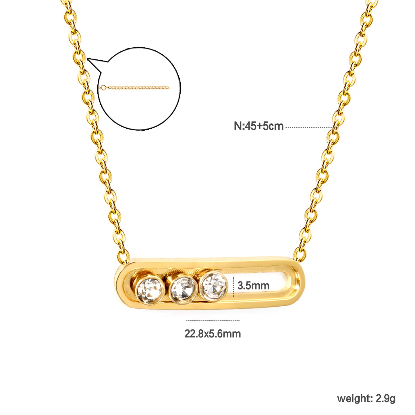 Wholesale Stainless Steel Slide U Frame + Round White Zirconia Pendant Necklace