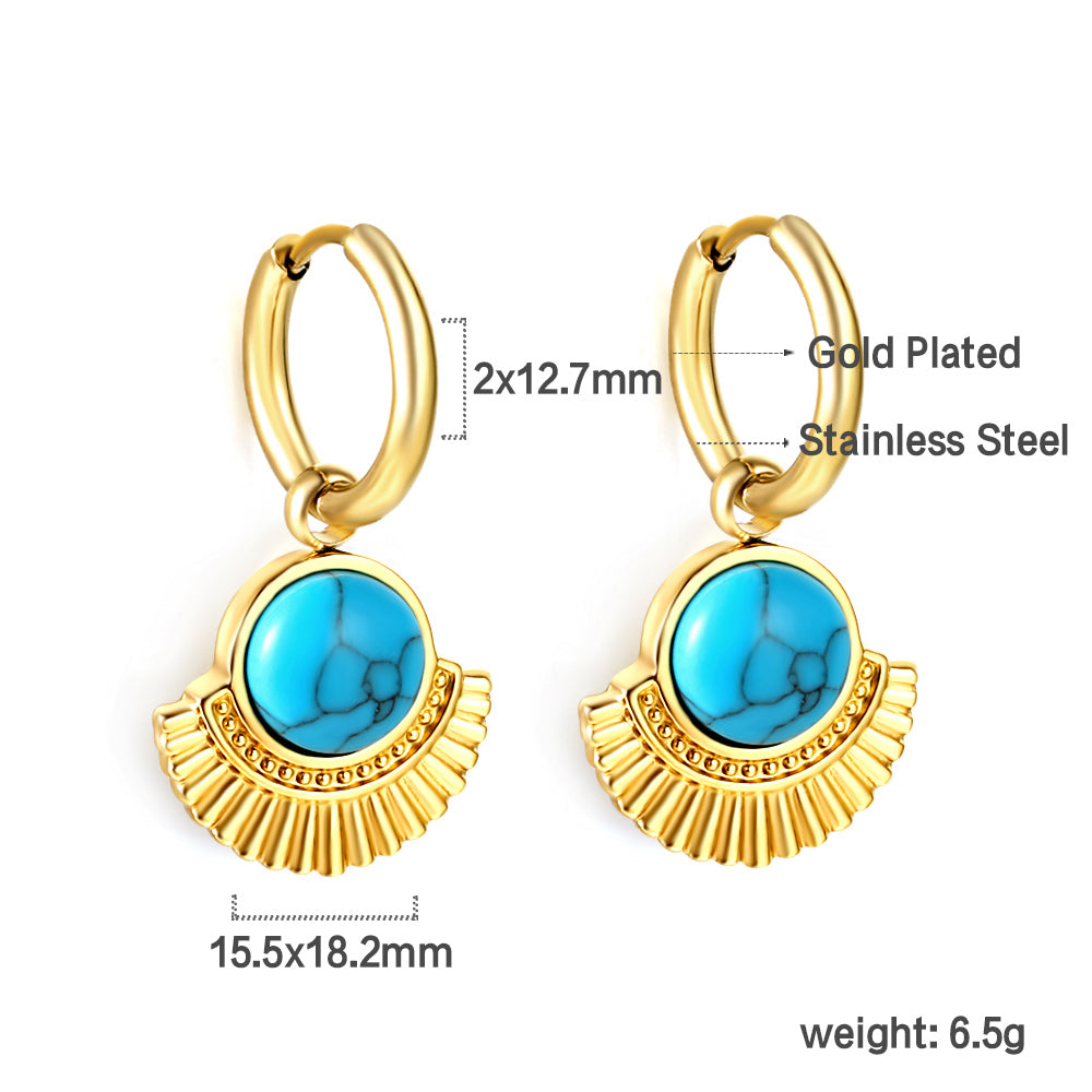 Wholesale 18K Gold Sun Ray Pattern Turquoise Hoop Earrings