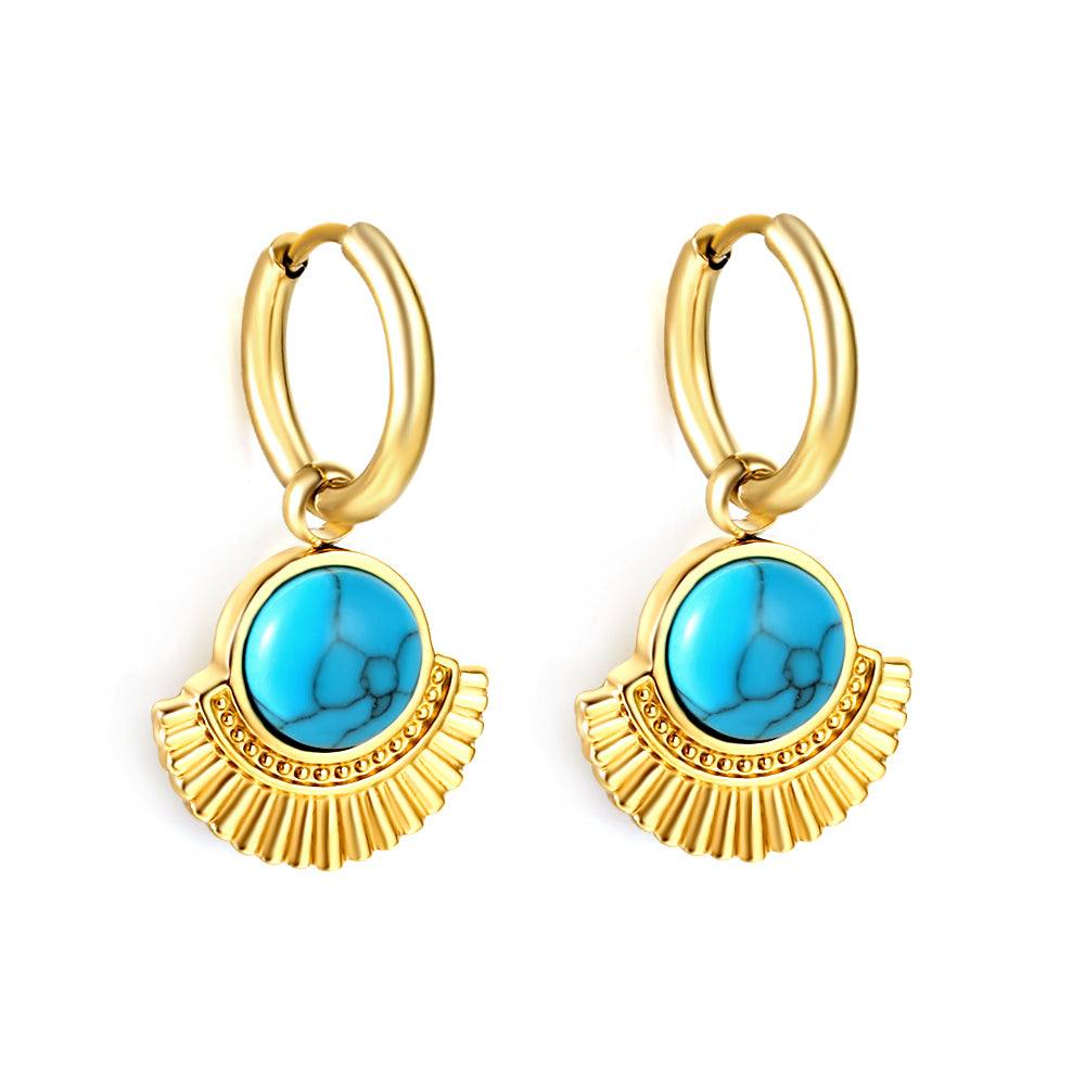Wholesale 18K Gold Sun Ray Pattern Turquoise Hoop Earrings