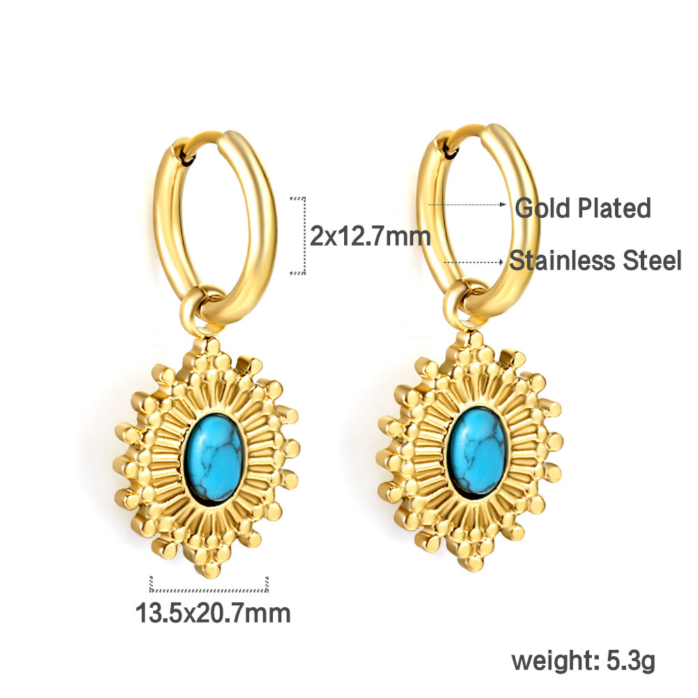 Wholesale 18K Gold Ornate Pattern Turquoise Hoop Earrings