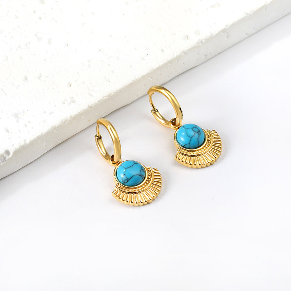 Wholesale 18K Gold Sun Ray Pattern Turquoise Hoop Earrings