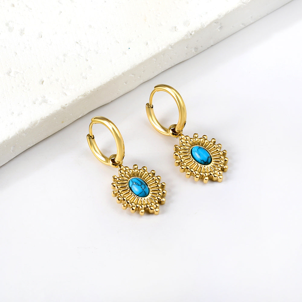 Wholesale 18K Gold Ornate Pattern Turquoise Hoop Earrings