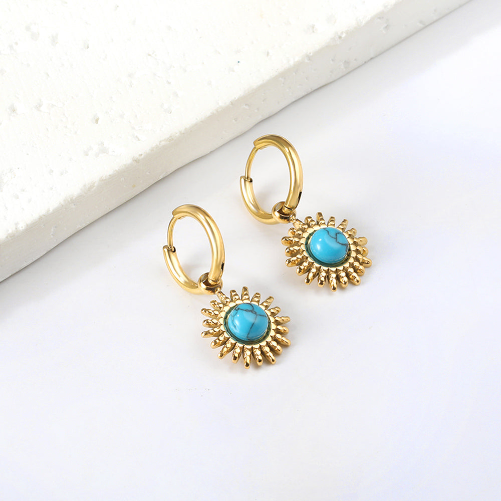 Wholesale 18K Gold Blue Turquoise Sun Hoop Earrings
