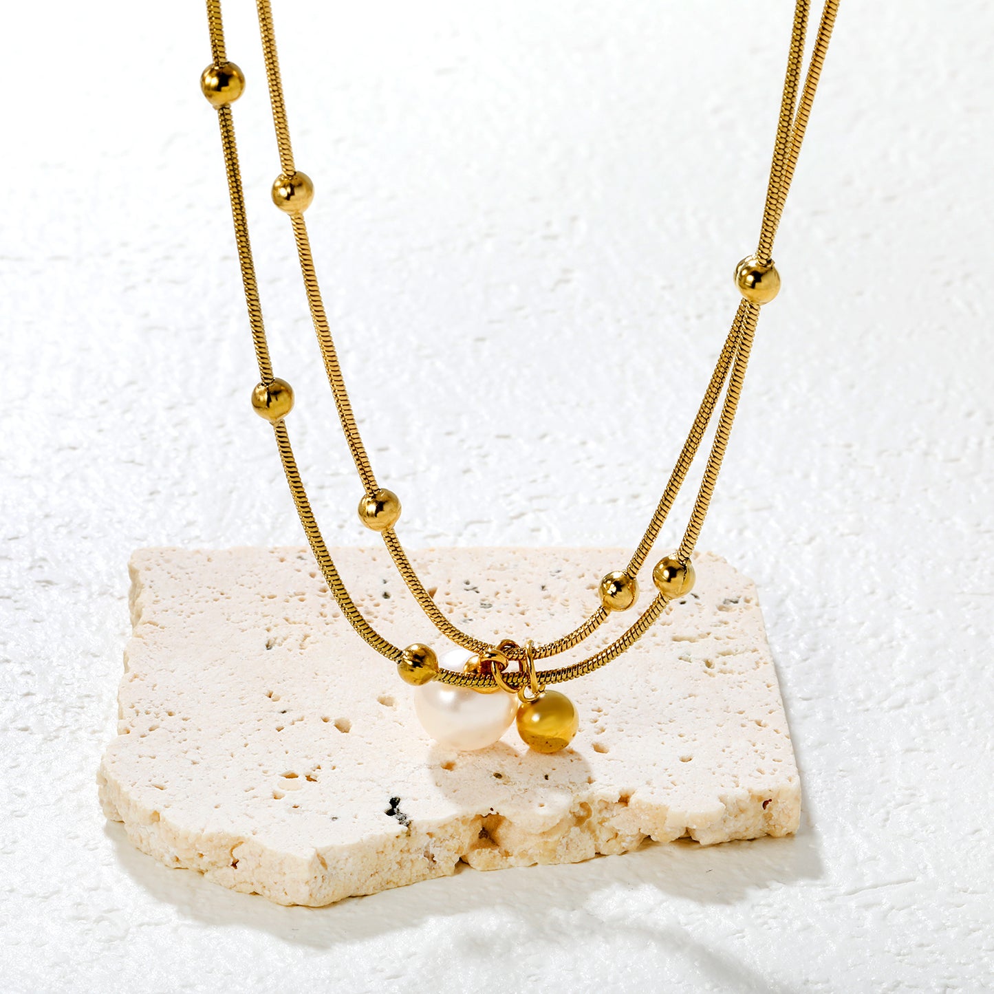 Bulk Waterproof PVD Layered Pearl Necklace Multi Strand Gold Beads