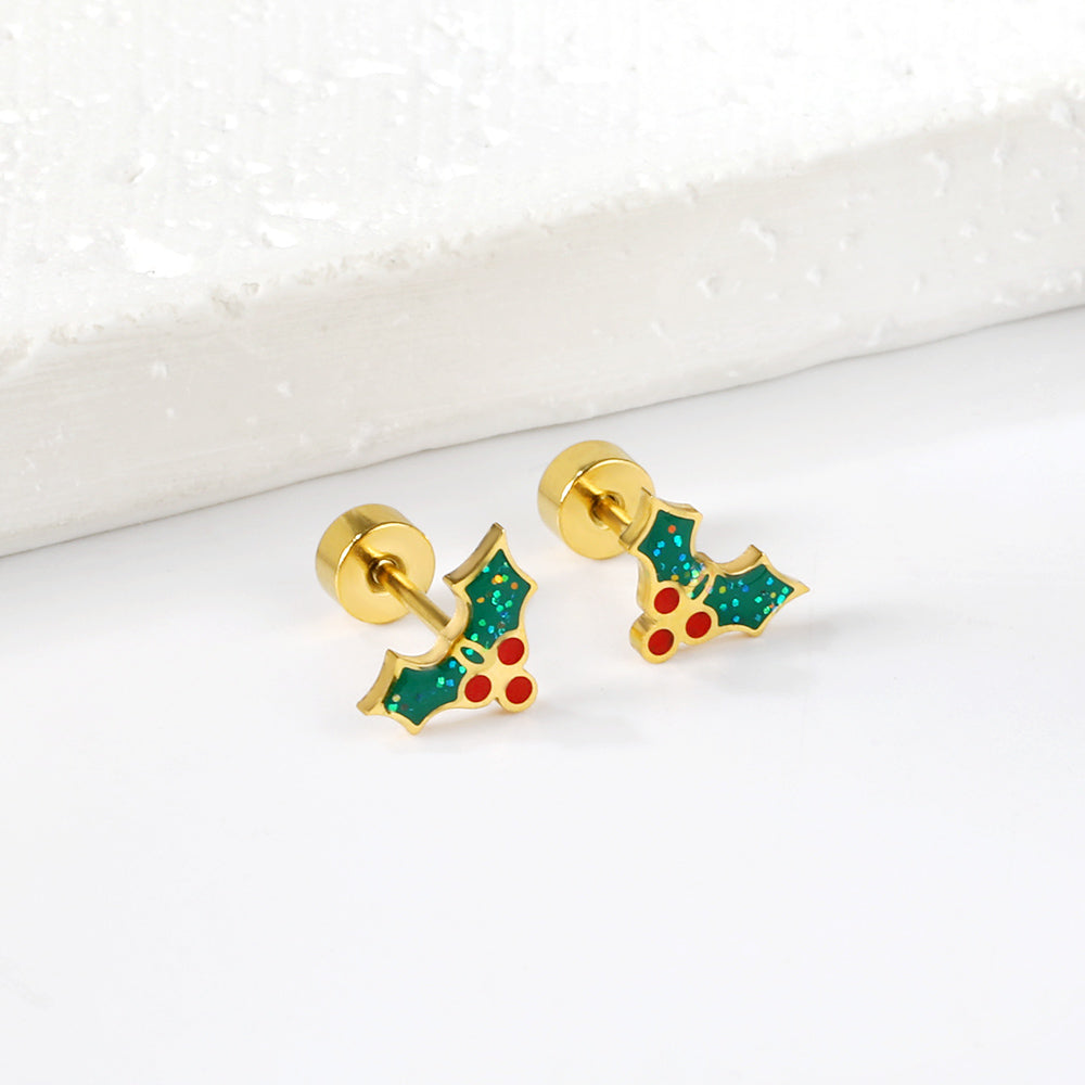 Wholesale 18K Gold Holly Leaf Stud Earrings Festive Cheer