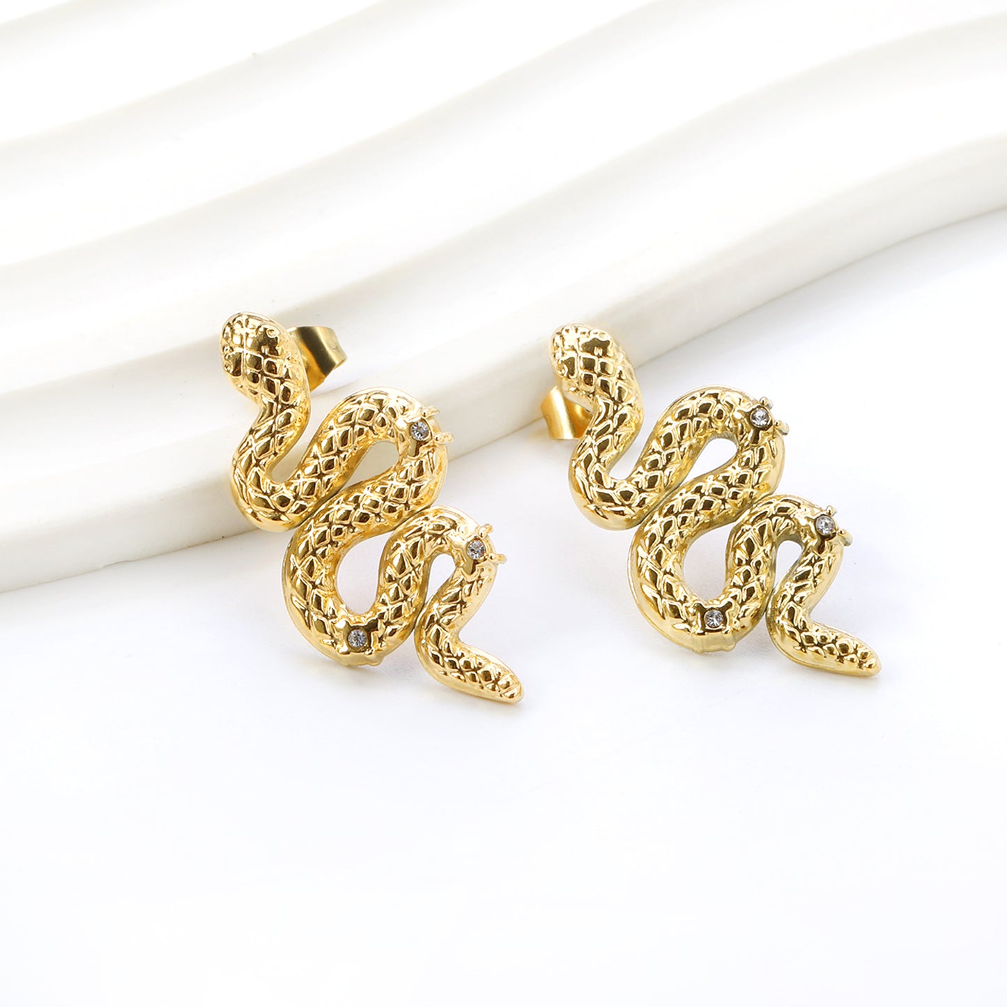 Wholesale Stainless Steel Snake with 3 White Diamonds Earrings Exquisite Design