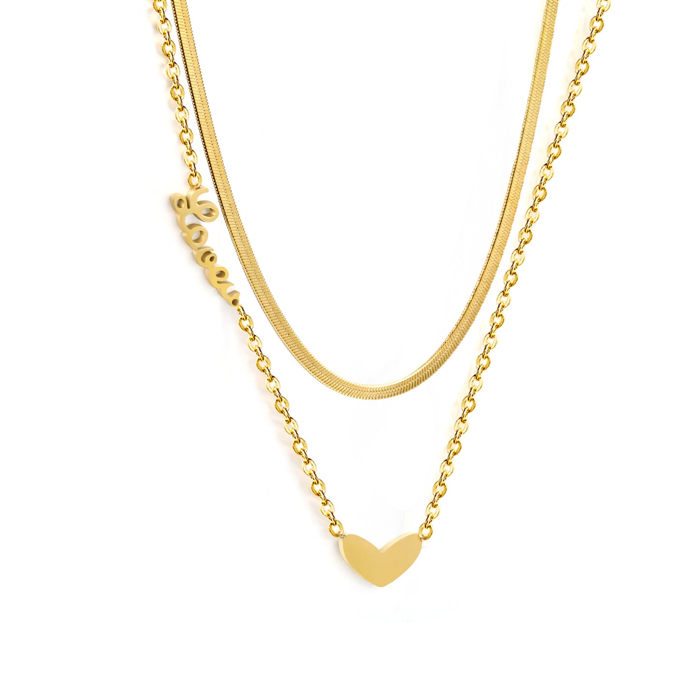 Bulk Gold toned Stainless Steel Double layer Chain with Heart Accent Necklace Fashionable Style