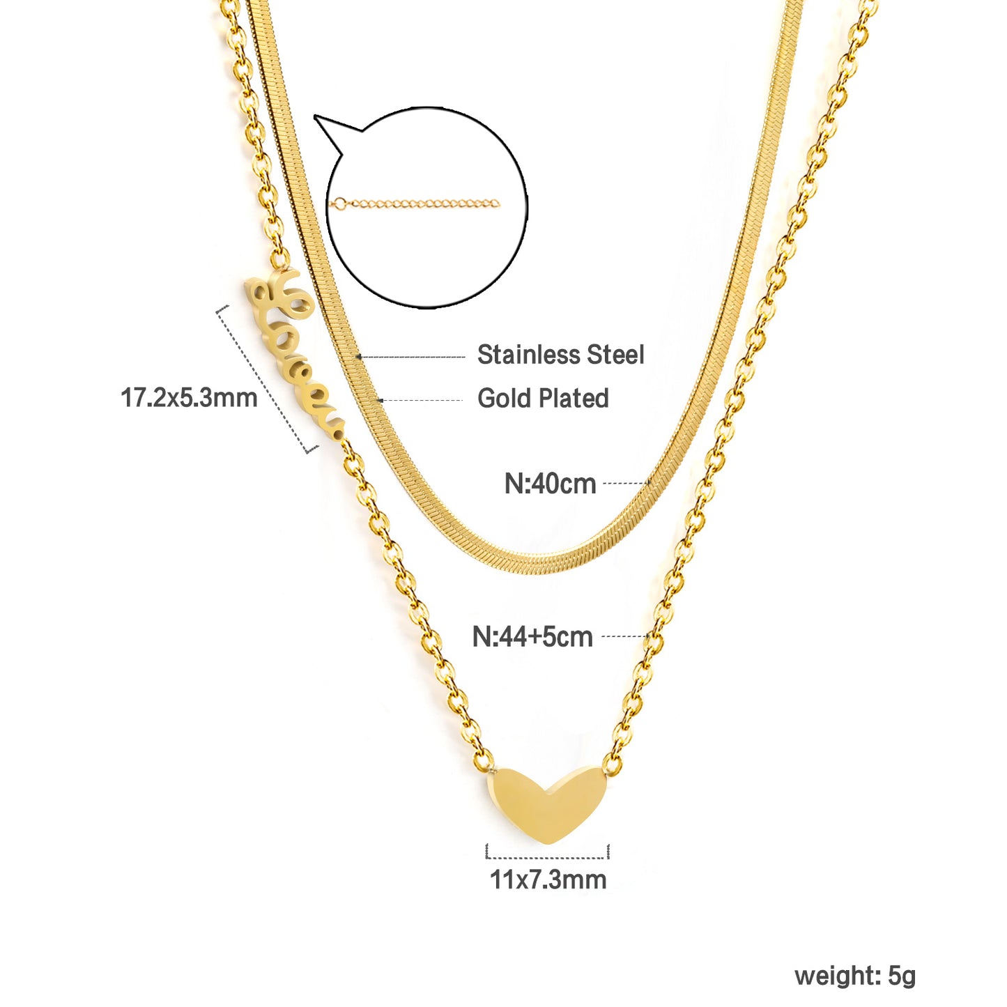 Bulk Gold toned Stainless Steel Double layer Chain with Heart Accent Necklace Fashionable Style