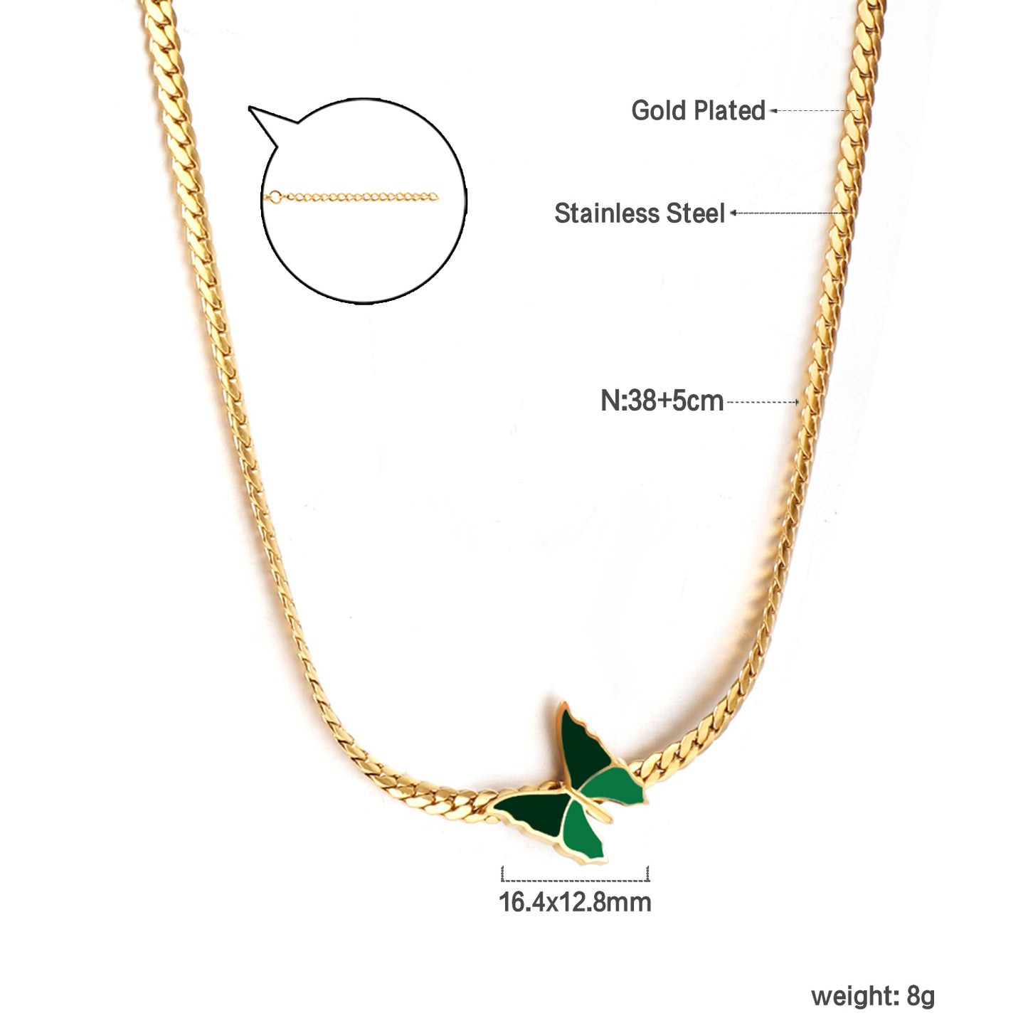 Bulk Stainless Steel Gold Tone Fine Chain Green Butterfly Necklace Delicate Flair