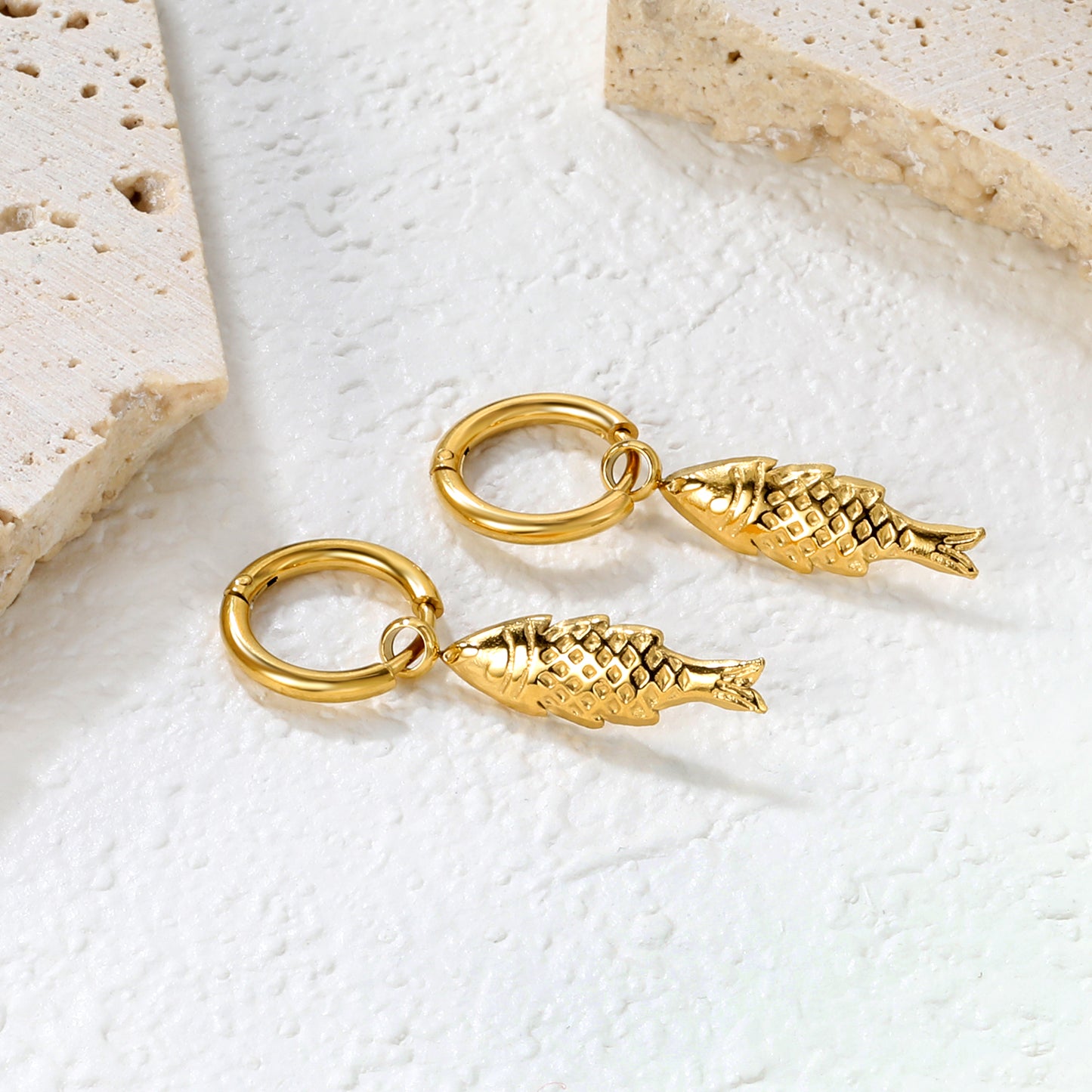 Bulk 18K Gold Plated Luxe Fish Charm Hoop Earrings