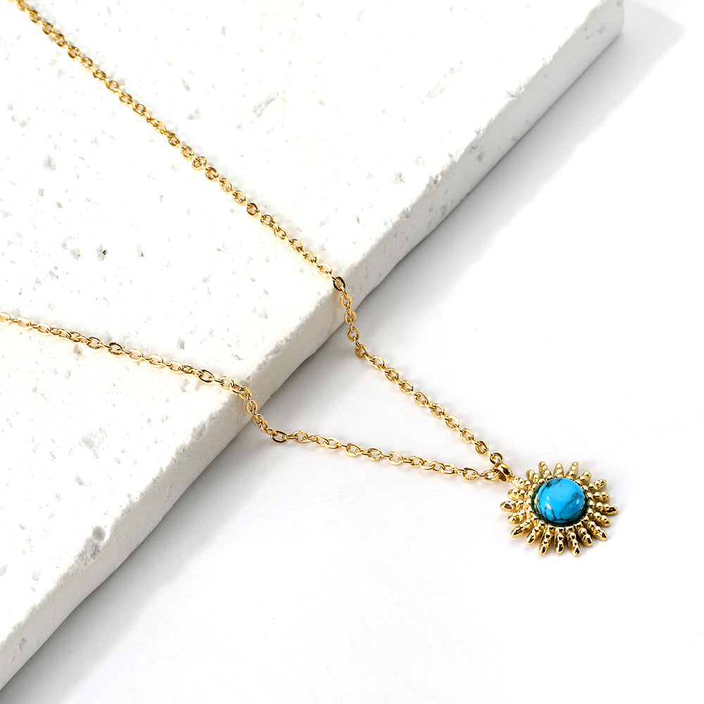 Wholesale Stainless Steel Blue Turquoise Sun Pendant Necklace