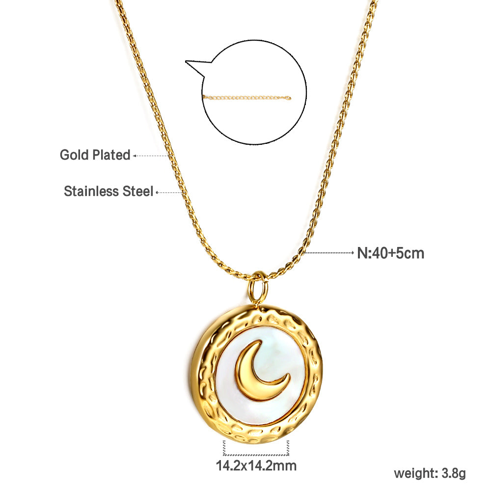 Wholesale stainless steel white shell & moon pattern necklace, dreamy and romantic style