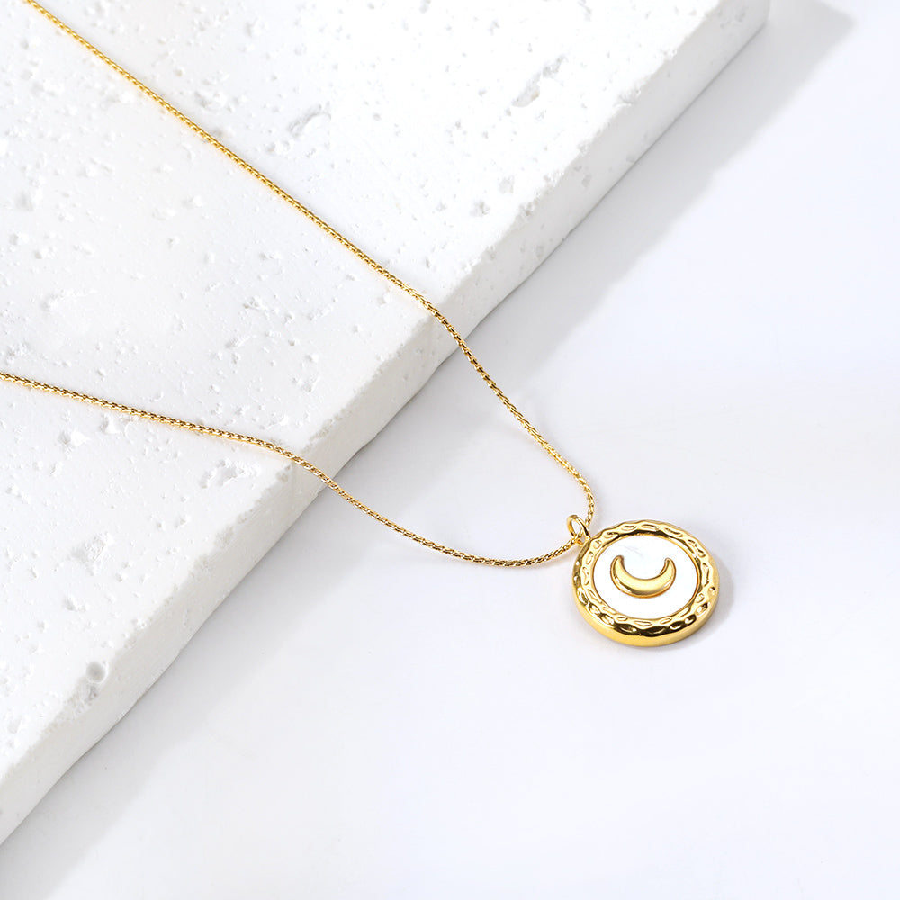 Wholesale stainless steel white shell & moon pattern necklace, dreamy and romantic style