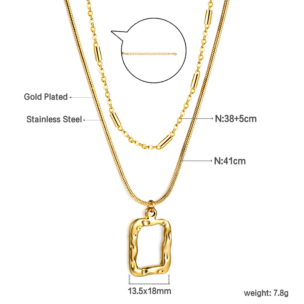 Wholesale 18k gold double-layer pendant necklace with square frame and different chain designs, elegant