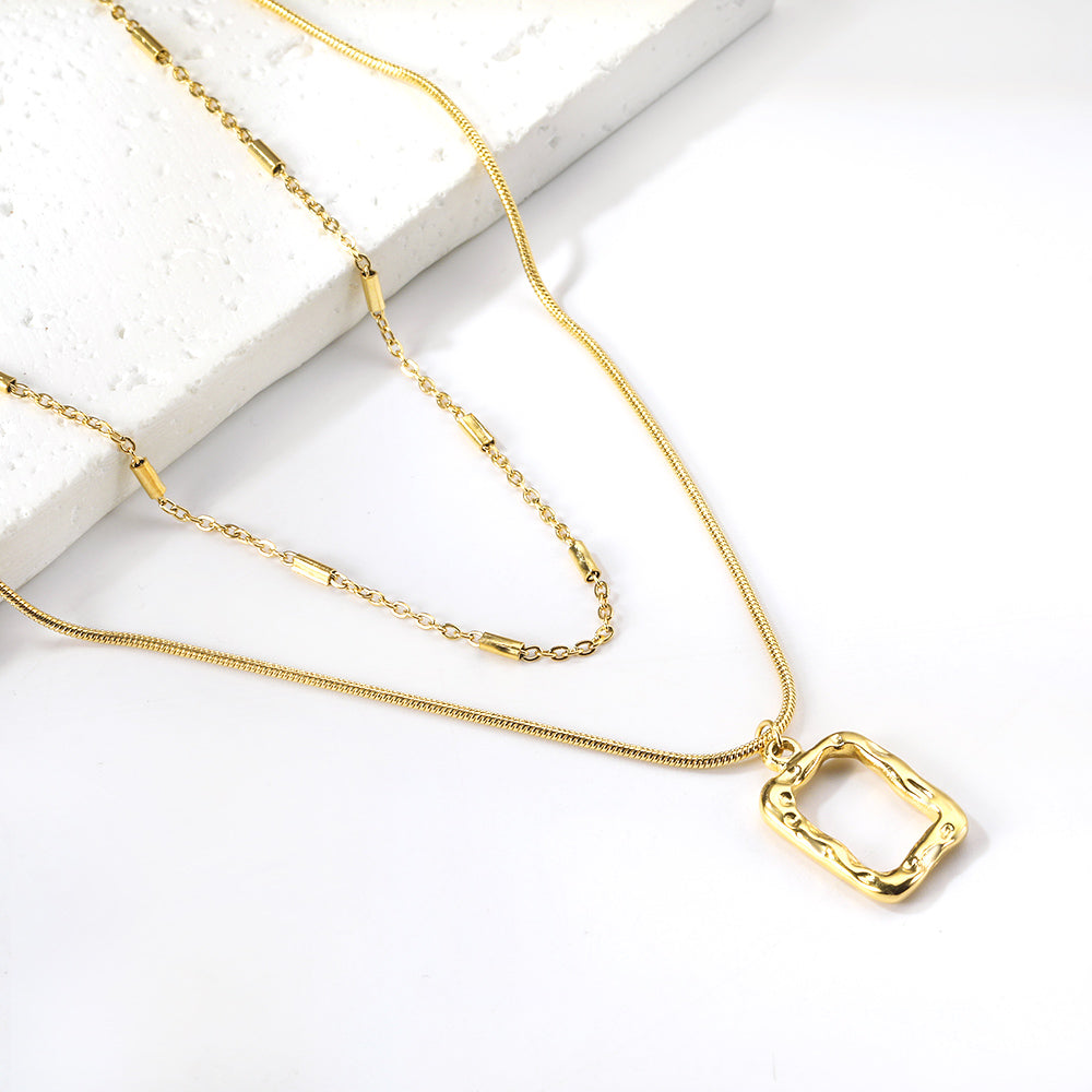 Wholesale 18k gold double-layer pendant necklace with square frame and different chain designs, elegant