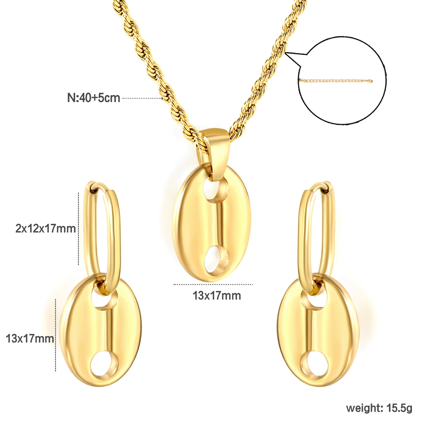 Stainless Steel Gold Coffee Bean Set & Twisted Chain + Round Pendant Jewelry Supplier