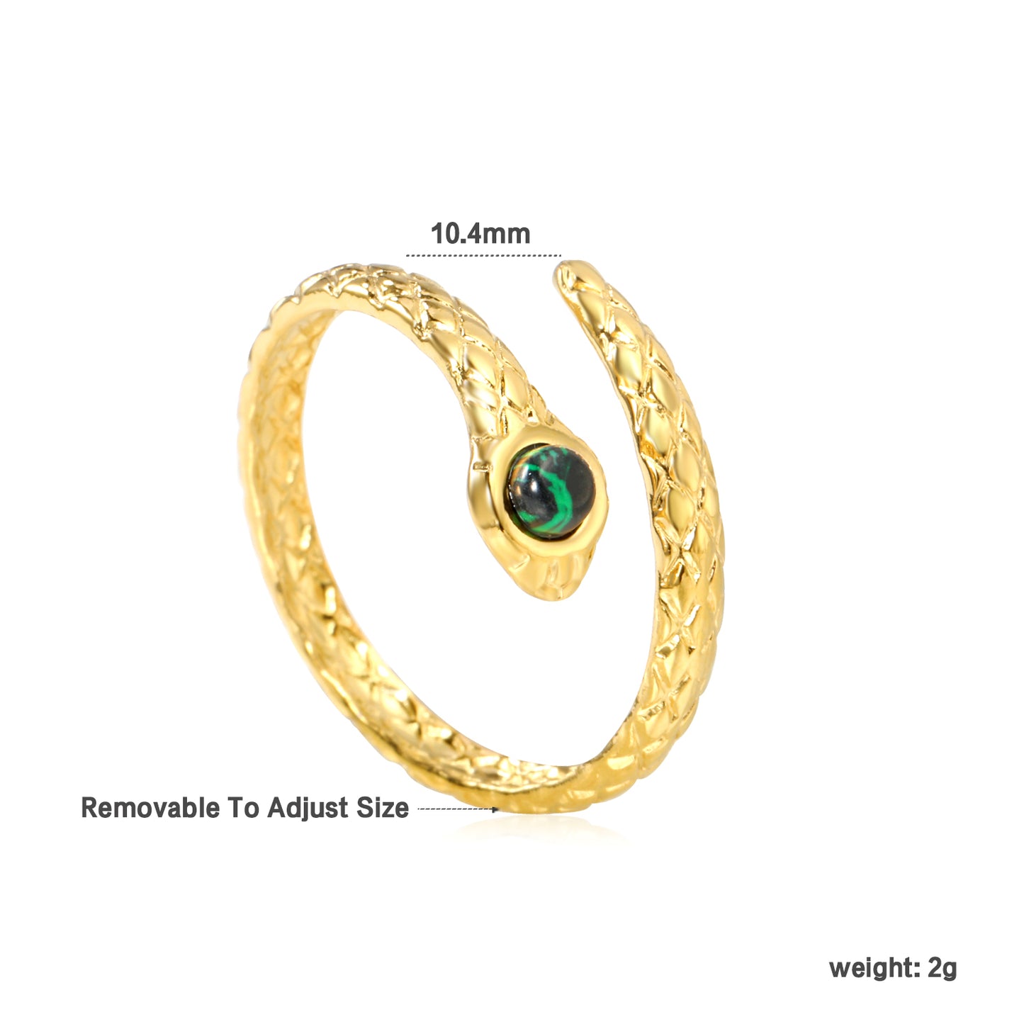 Wholesale Snake-Shaped Gemstone Open 18K Gold Stainless Steel Ring
