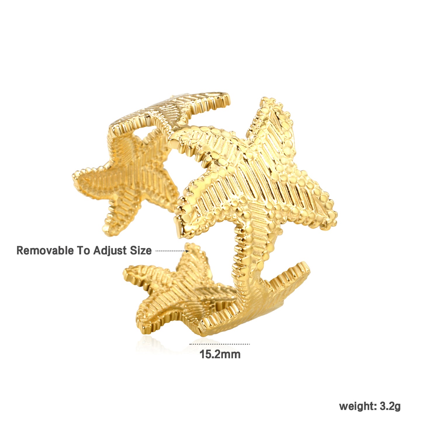 Bulk 18K Gold Plated Marine Triple Starfish Open Ring
