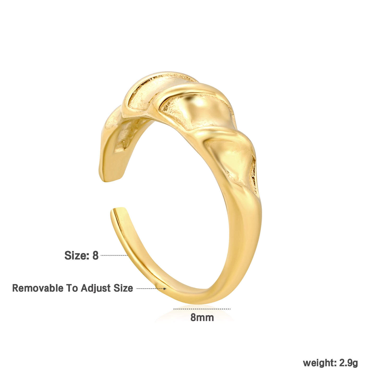 Wholesale 18K Gold Plated Fluid Wave Ring Organic Texture Open Band Nature-Inspired Luxury