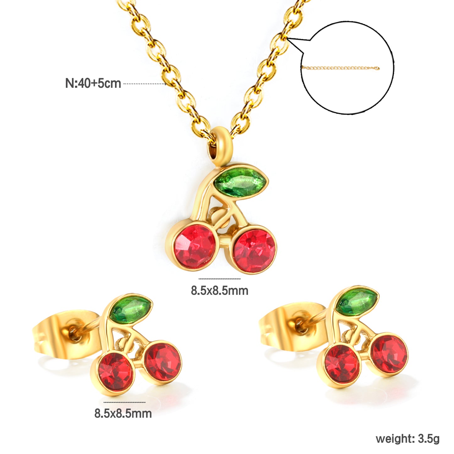 Wholesale 18K Gold Plated Cherry Jewelry Set Ruby & Emerald Accent Necklace Earrings Festive Celebration