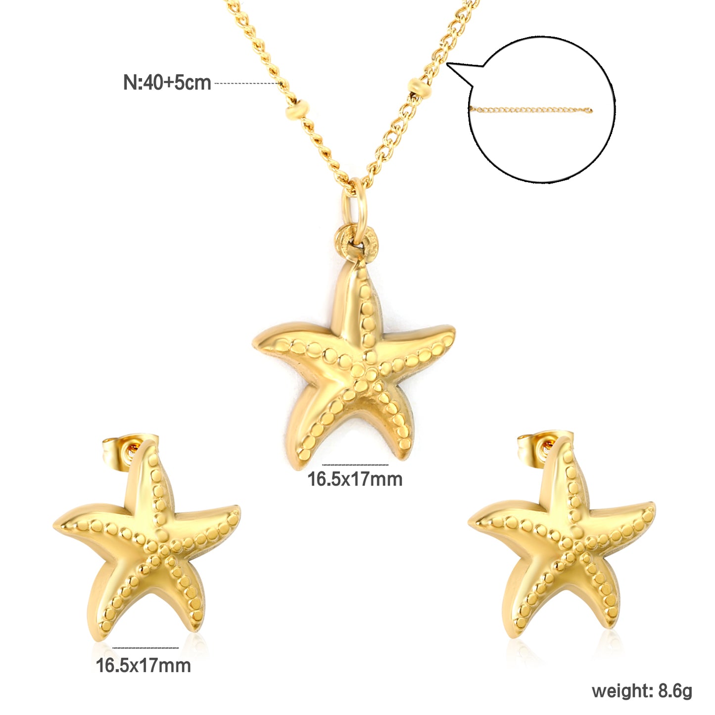 Wholesale 18K Gold Plated Starfish Jewelry Set Textured Surface Necklace Earrings Industrial Coastal