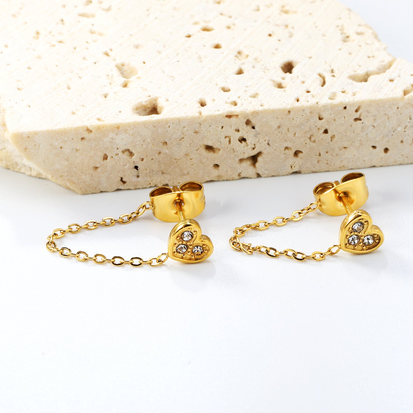 Golden heart with white zirconia + cross link stud earrings Jewelry Supplier