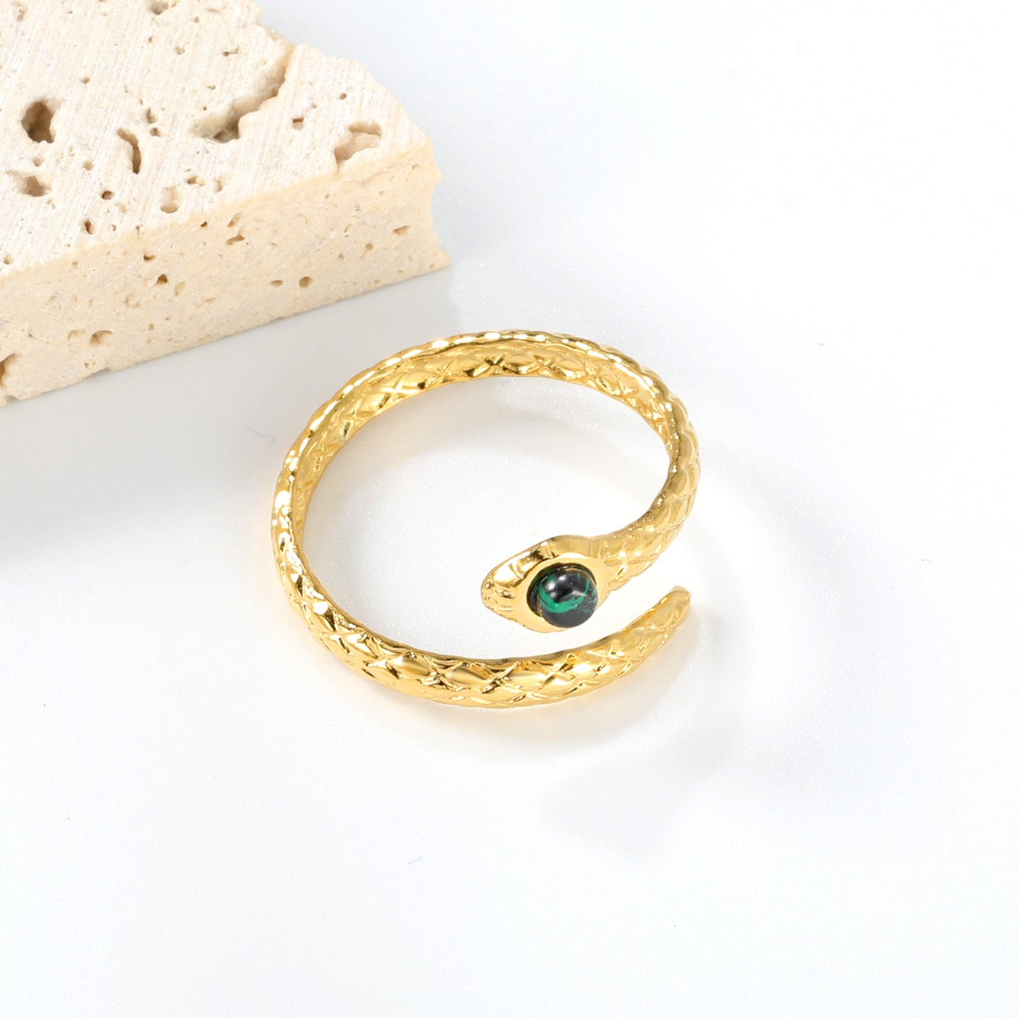 Wholesale Snake-Shaped Gemstone Open 18K Gold Stainless Steel Ring