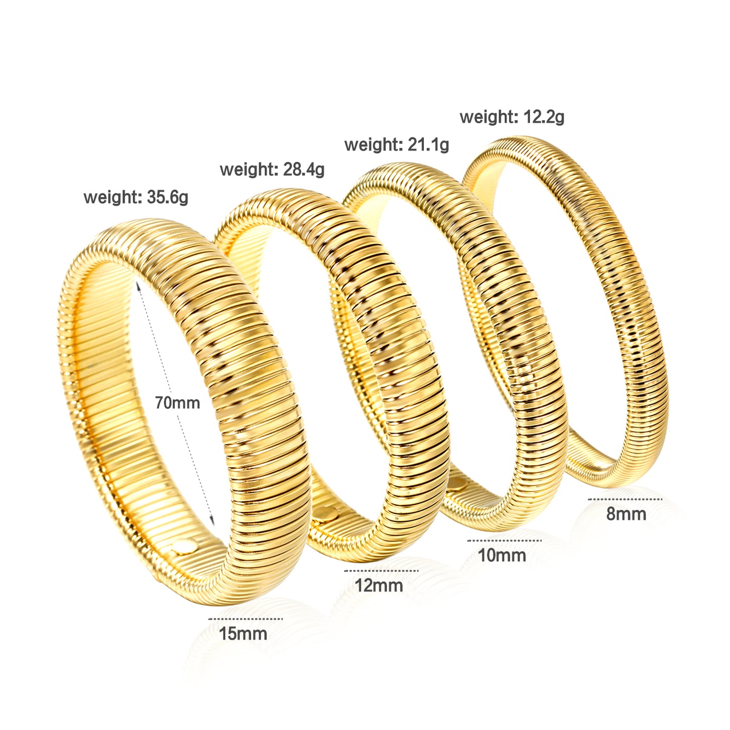 Wholesale 18K Gold Vertical Ribbed Texture Bracelets in Various Sizes