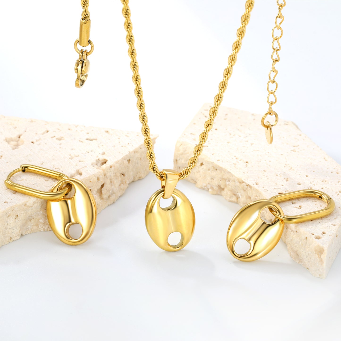 Stainless Steel Gold Coffee Bean Set & Twisted Chain + Round Pendant Jewelry Supplier