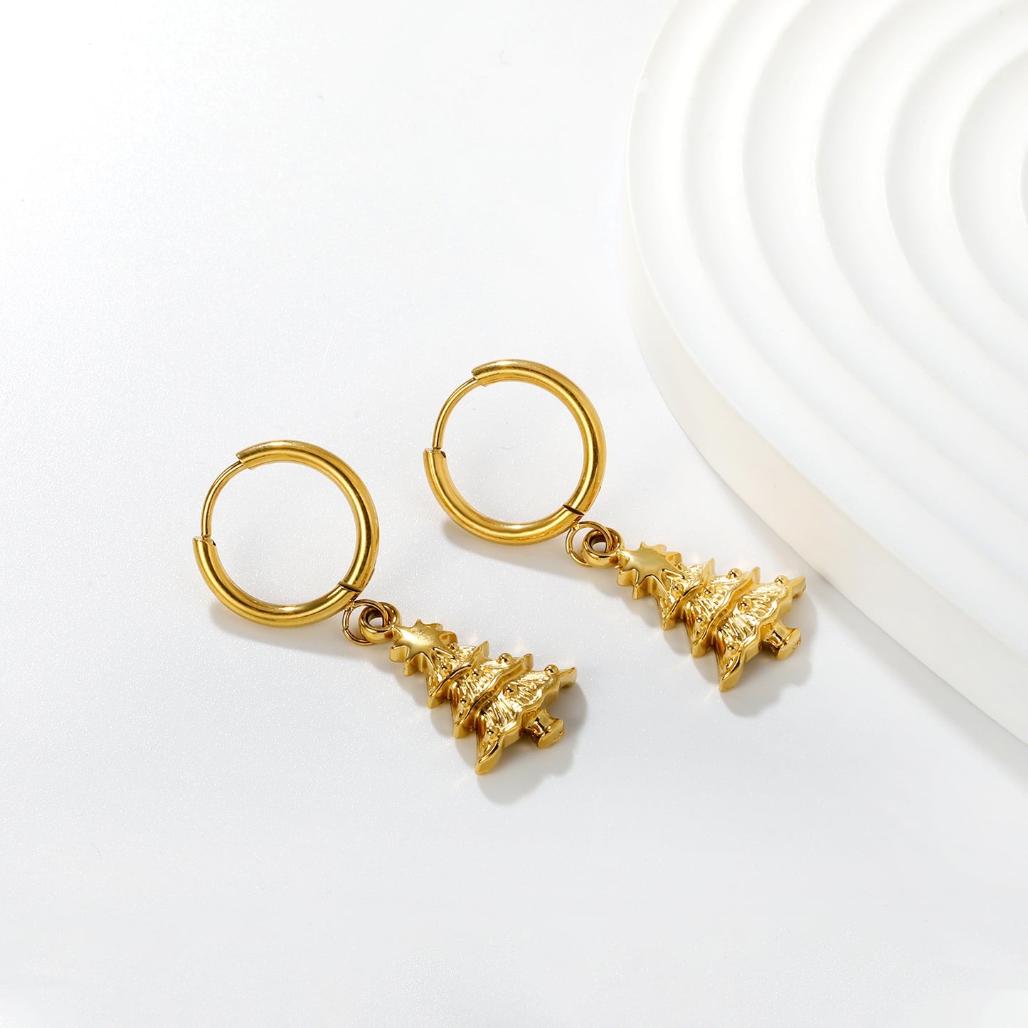 Bulk Waterproof PVD Gold Christmas Tree Charm Hoop Earrings