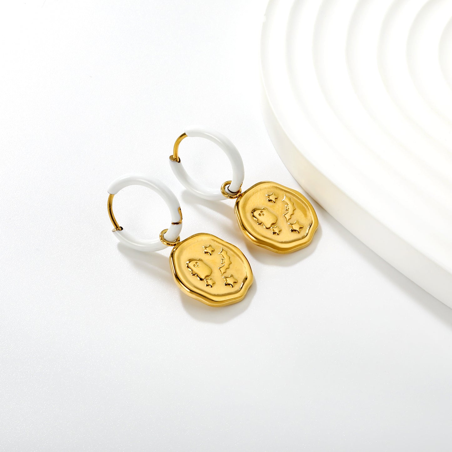 Wholesale Waterproof PVD Gold White Enamel Halloween Earrings