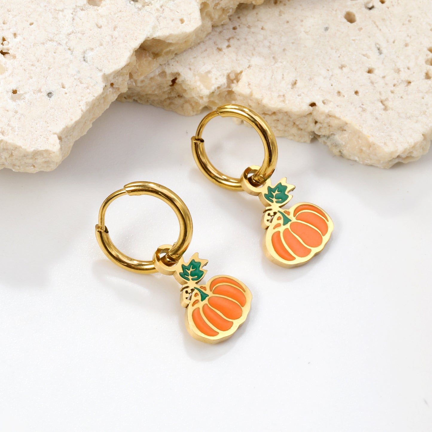 Bulk 18K Gold Pumpkin - themed Enamel Drop Earrings Orange Accent