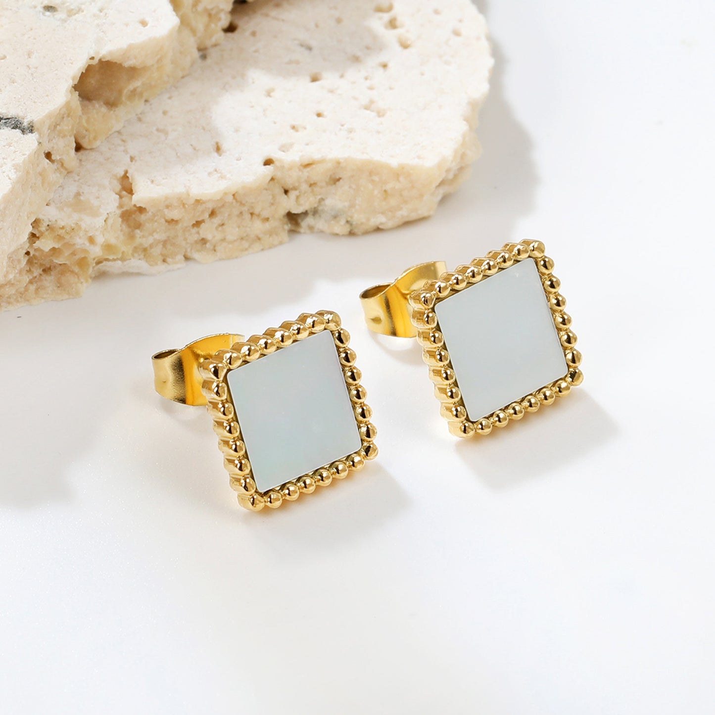 Wholesale Stainless Steel Beaded Edge Square with White Shell Earrings