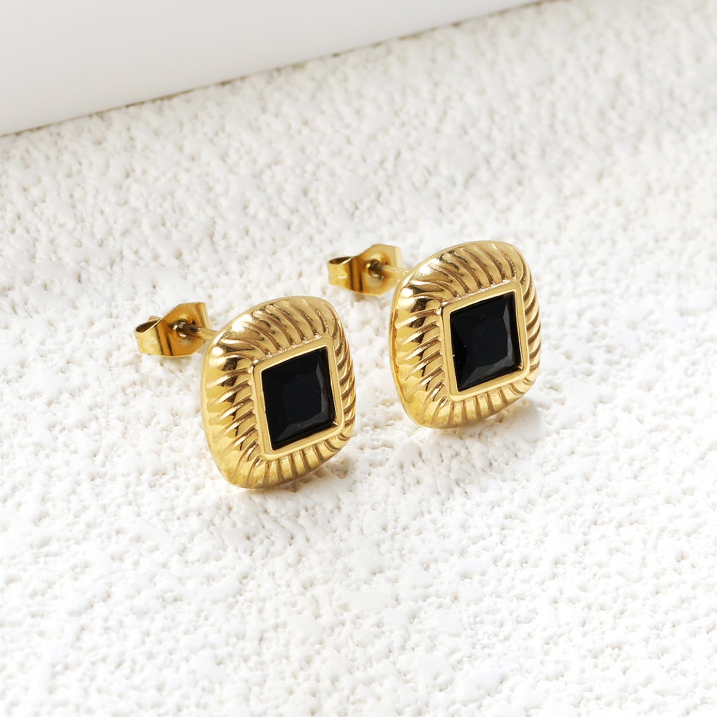 Wholesale 18K Gold Square Black Textured Stud Earrings Mysterious & Stylish