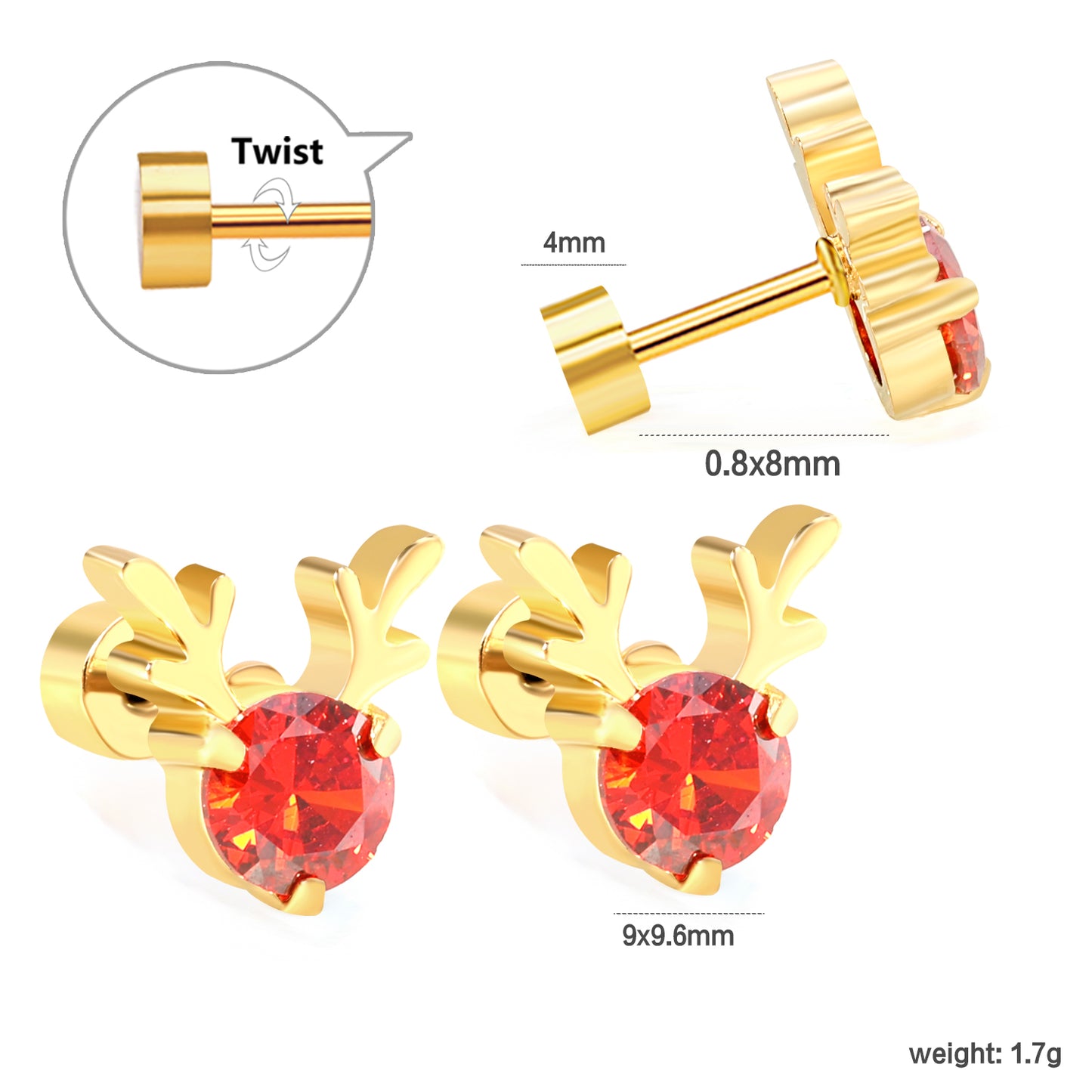 Wholesale 18K Gold Reindeer Stud Earrings Charming Design